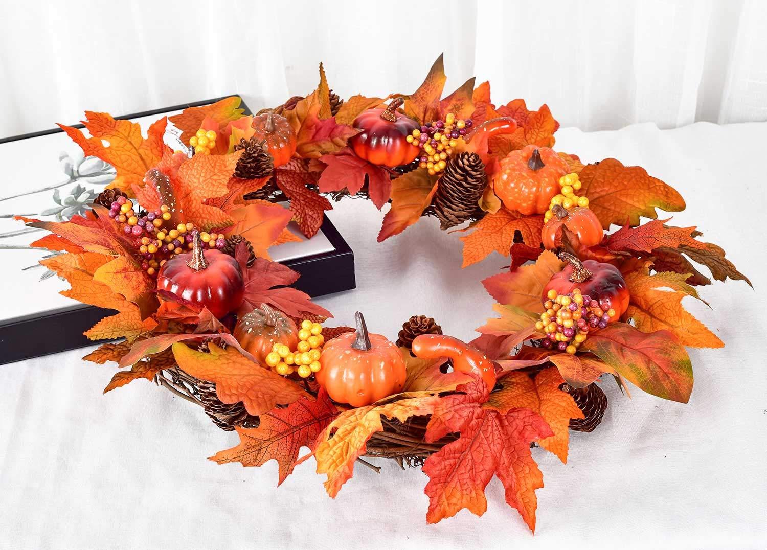 Fall Wreath 20’’ Autumn Front Door Wreath Harvest Wreath with Sunflower Pumpkins Berries Maple Leaves Daisies for Outside Indoor Home Wall Festival Thanksgiving Autumn Farmhouse Decor