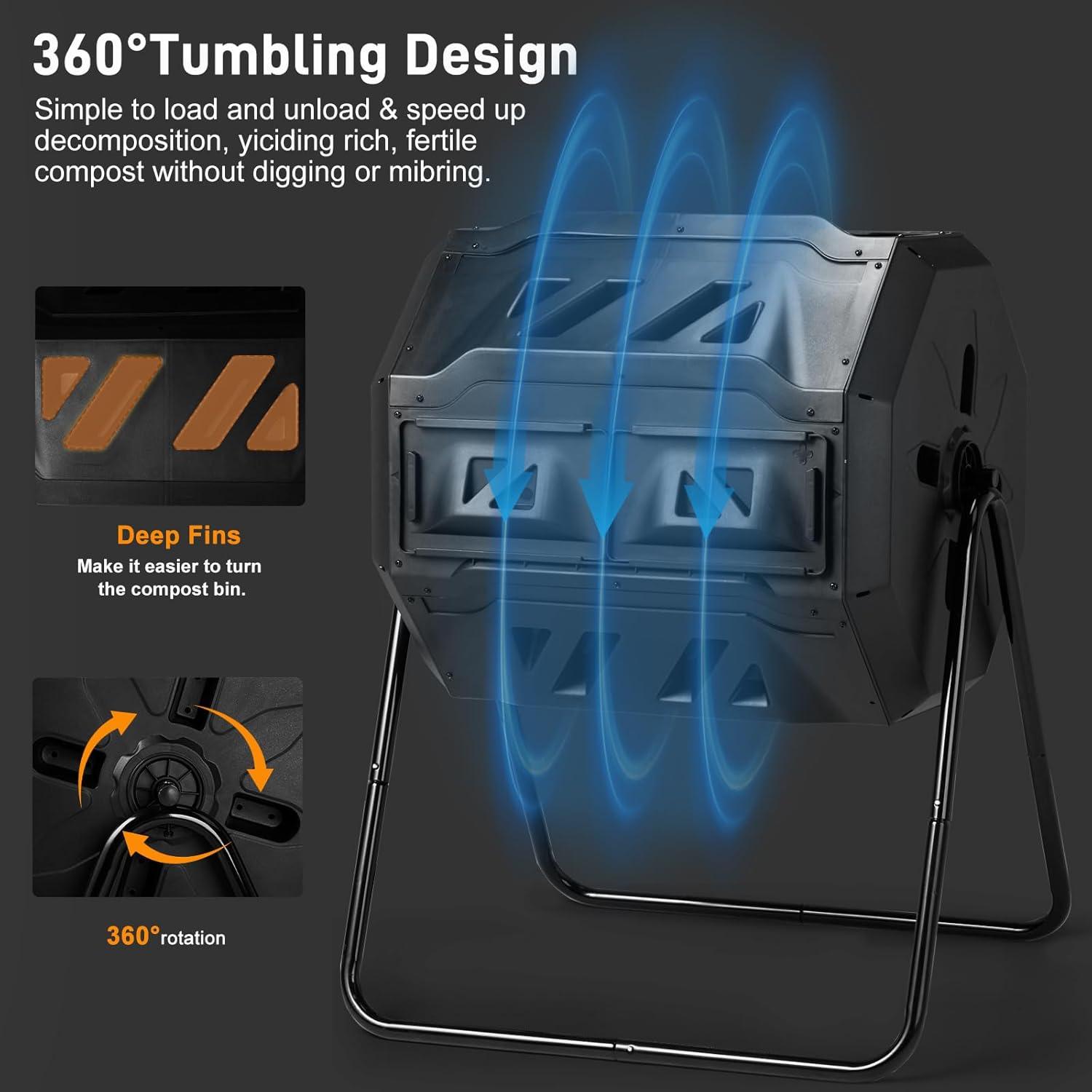 Pure Garden Compost Tumbler - 43Gal Compost Bin with Dual Chambers, 360-Degree Rotating Design, and Garden Gloves Included - Homesteading Supplies