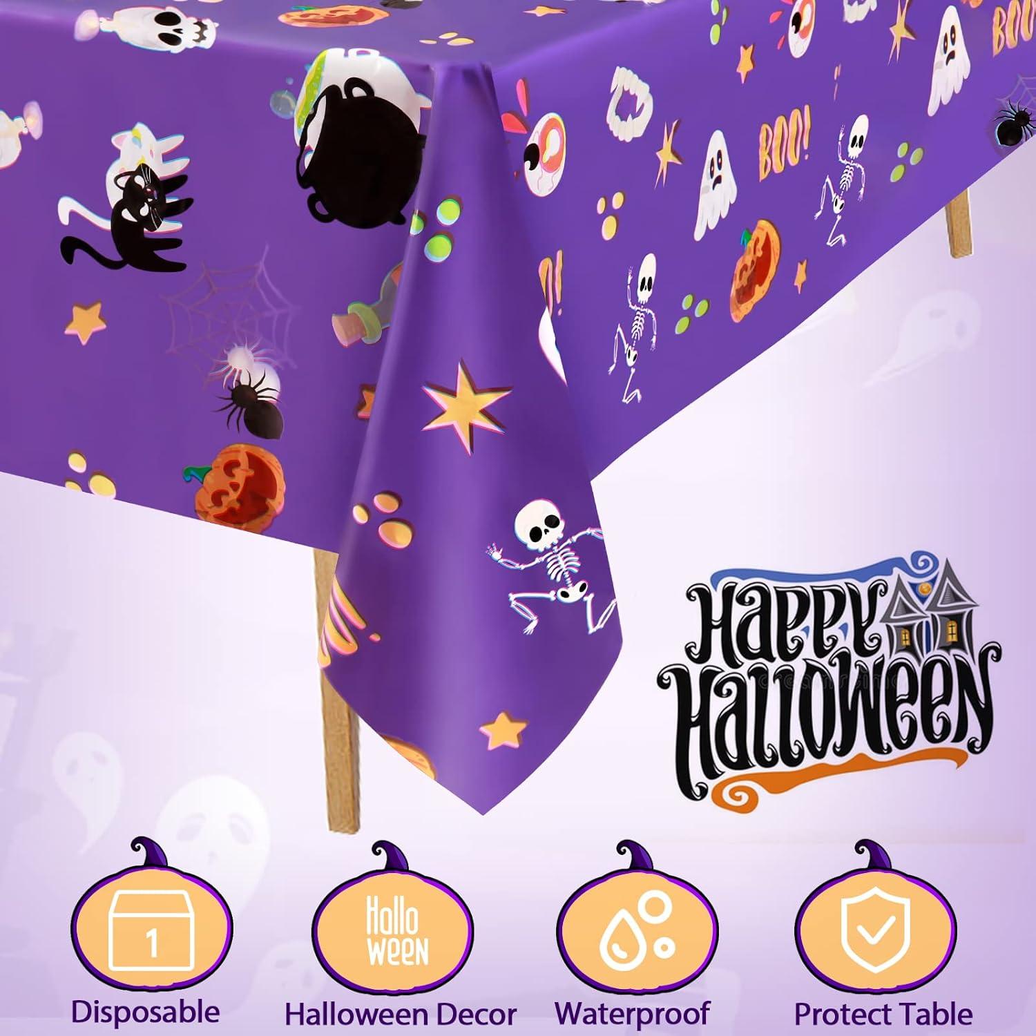 Juvale 3-Pack Halloween Table Cover for Party Supplies, Purple Disposable Plastic Tablecloth Decorations, Halloween Table Decorations for Themed Parties, Birthday Celebrations and More (54 x 108 In)