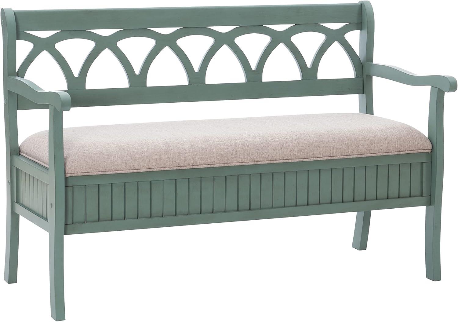 Powell Elliana Storage Bench, Teal Finish with Beige Fabric