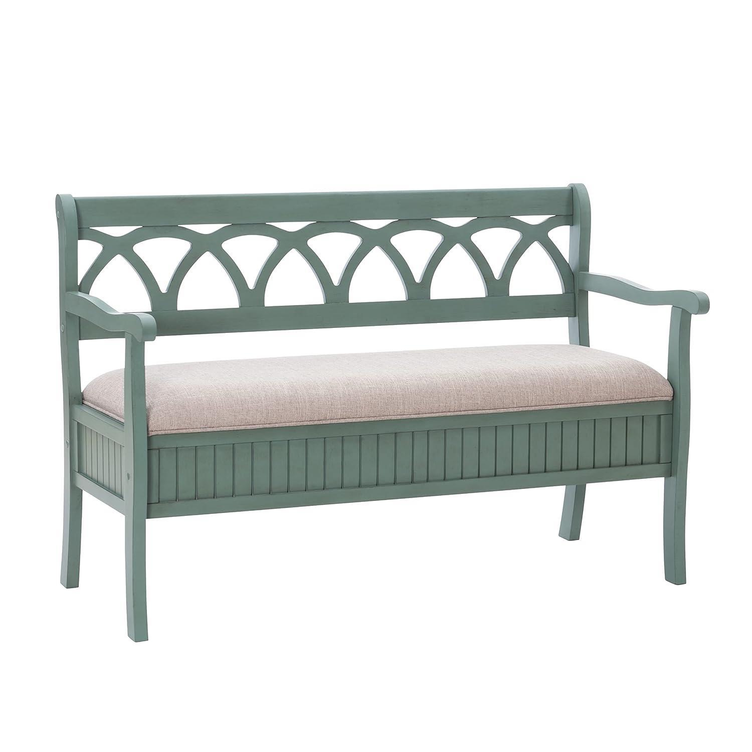 Powell Elliana Storage Bench, Teal Finish with Beige Fabric