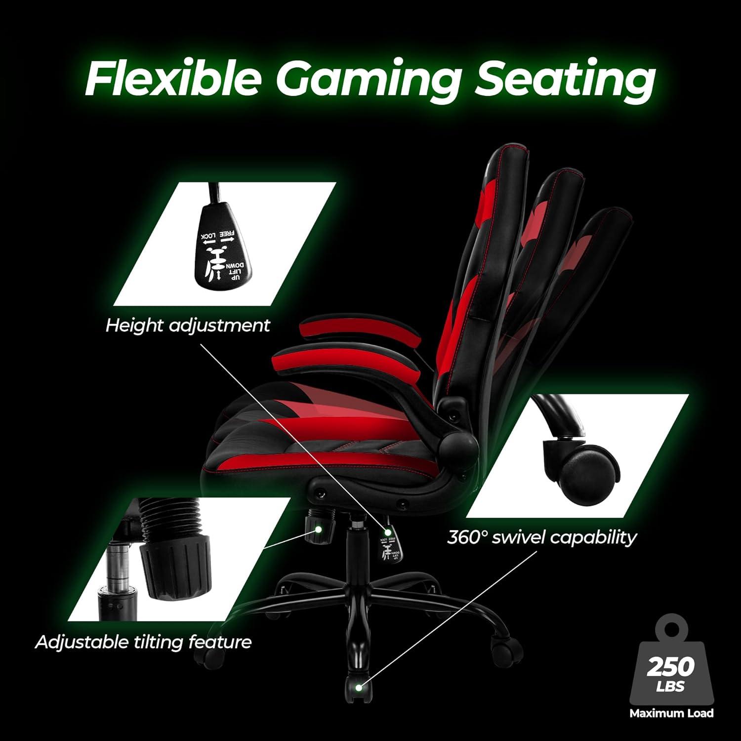 N-GEN Adjustable Ergonomic Faux Leather Swiveling PC & Racing Game Office Desk Chair with Flip-Up Arms