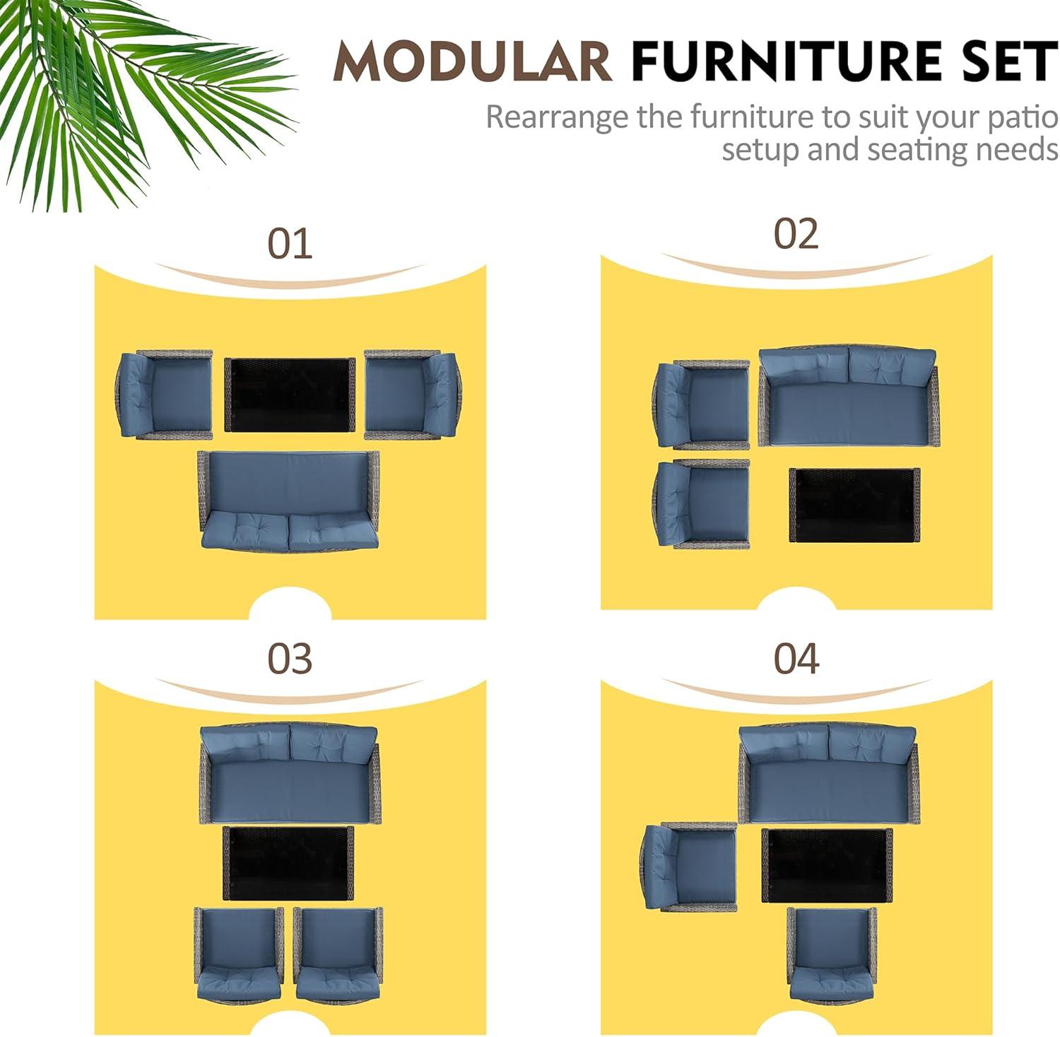 Shintenchi 4 Piece Patio Furniture Set, Outdoor Rattan Conversation Set with Coffee Table, Outside Wicker Sectional Sofa Couch with Cushion, Gray and Blue