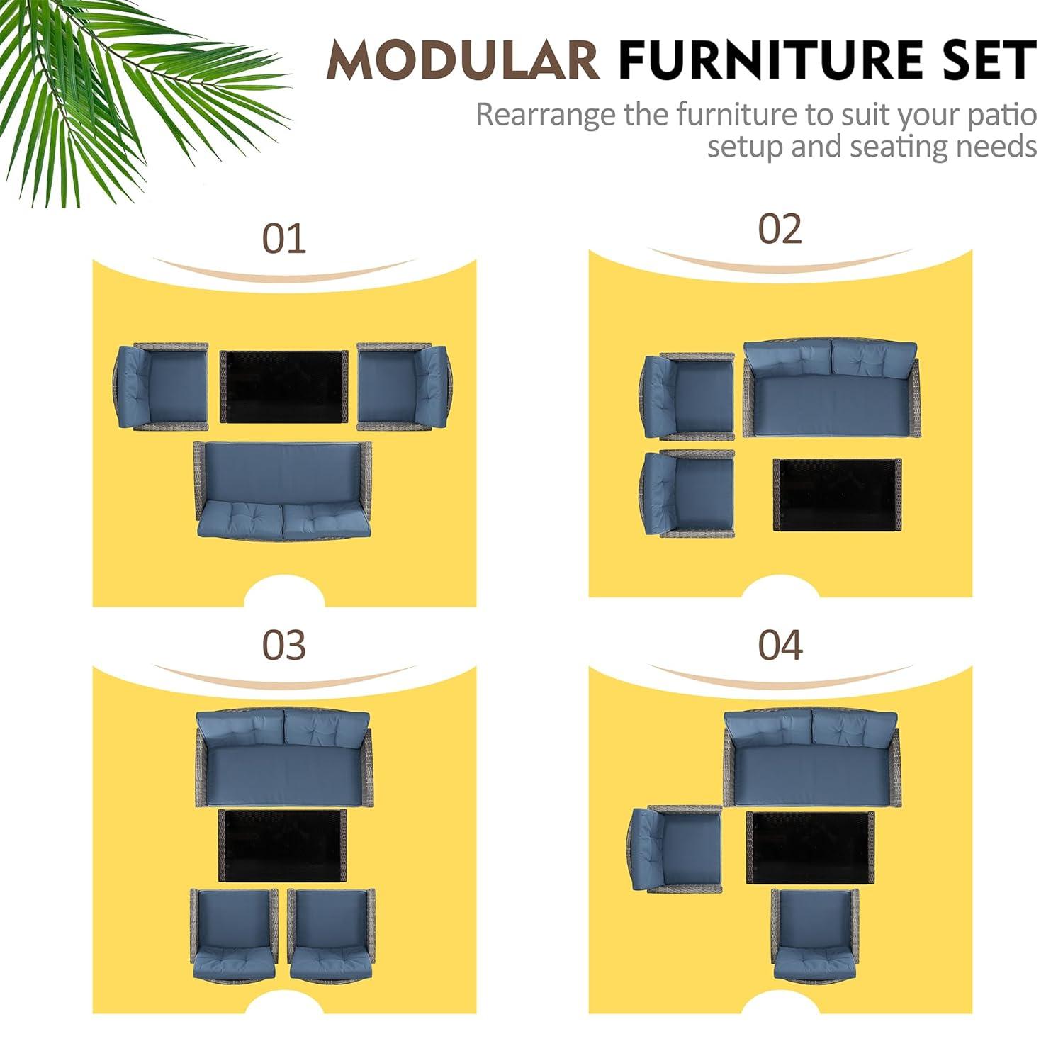 Shintenchi 4 Piece Patio Furniture Set, Outdoor Rattan Conversation Set with Coffee Table, Outside Wicker Sectional Sofa Couch with Cushion, Gray and Blue