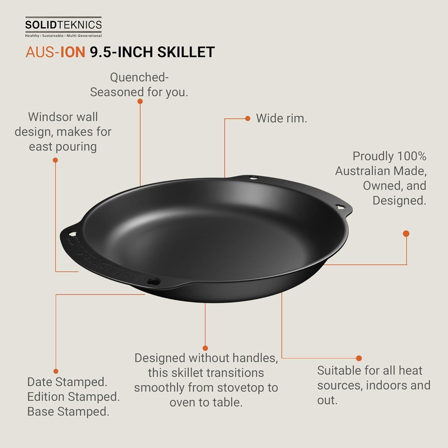 Solidteknics AUS-ION 9.5 Inch Oven-to-Table Skillet, Lightweight, Seamless Cooking Experience for Frying, Baking, and Grilling, Cast Iron Performance