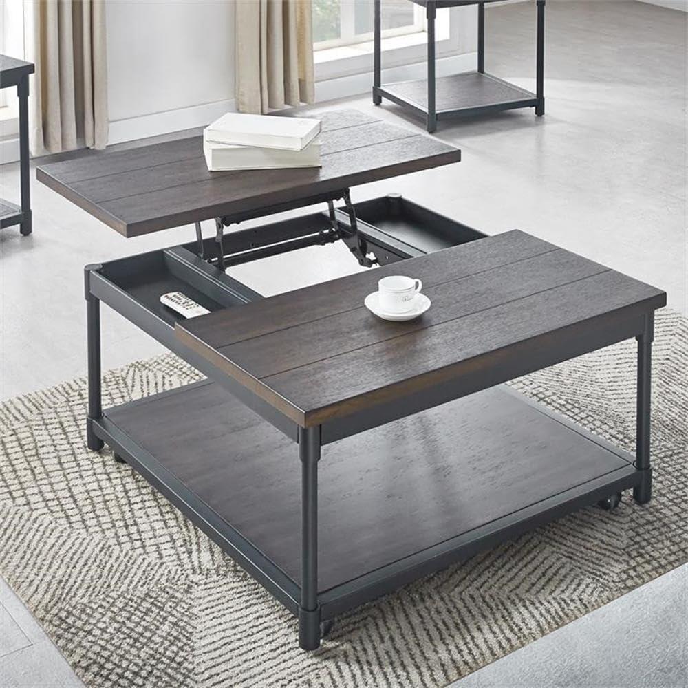 Steve Silver Prescott Smokey Oak and Black Metal Lift-Top Square Cocktail Table