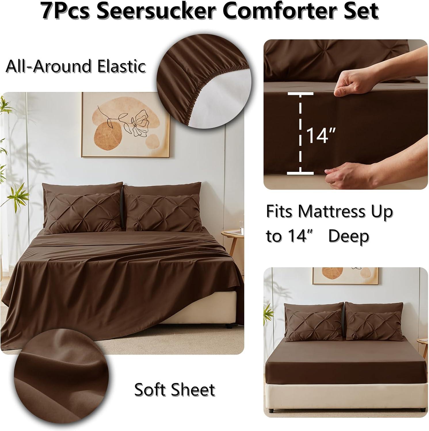 Queen Size Brown Comforter Set - 7 Piece Pintuck Bed in a Bag with All-Season Comforter, Pinch Pleat Bedding, Flat Sheet, Fitted Sheet, and Pillowcases & Shams
