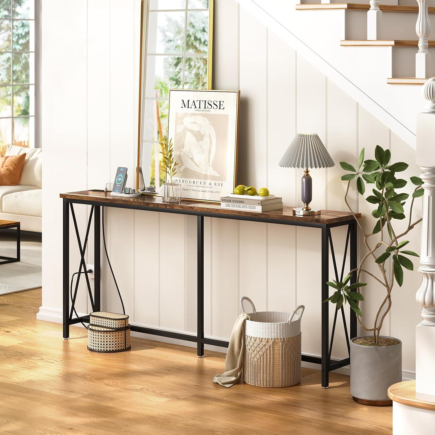 Rustic Brown 70 Inch Console Table with Metal Frame and Storage