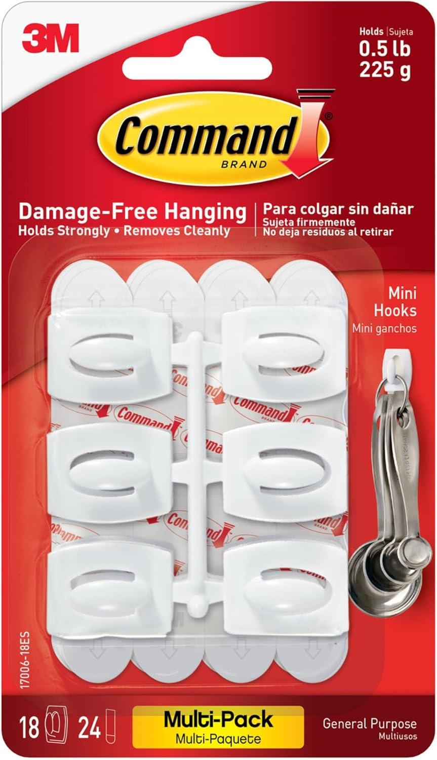Command Mini Wall Hooks, White, Damage Free Decorating, 18 Hooks and 24 Command Strips