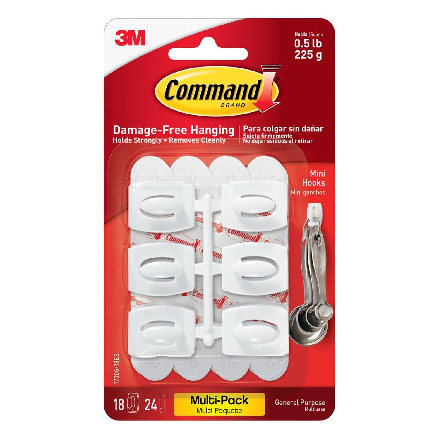 Command Mini Wall Hooks, White, Damage Free Decorating, 18 Hooks and 24 Command Strips