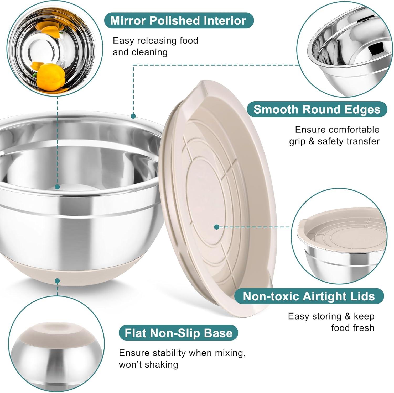 Toledo Bath & Kitchen Stainless Steel Mixing Bowls With Lids, 5-Pack Metal Nesting Bowls With Airtight Covers For Cooking, Baking, Serving, Storage, Non-Toxic & Dishwasher Safe, Size 4.6/3/1.5/1/0.7QT - Khaki