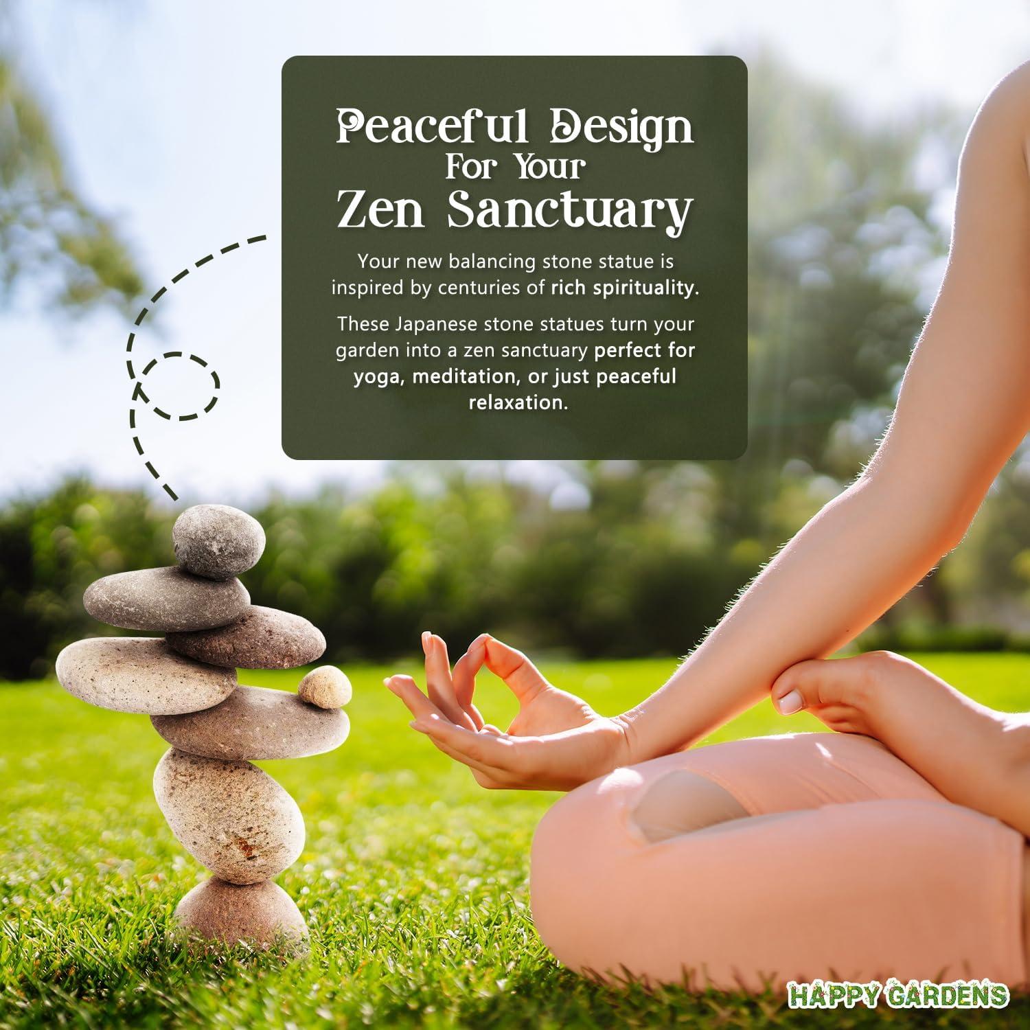 Ancient Graffiti Eight Stone Cairns Garden Sculpture – Natural River Rock Zen Yard Décor, Outdoor Stone Stack Ornament, 14"