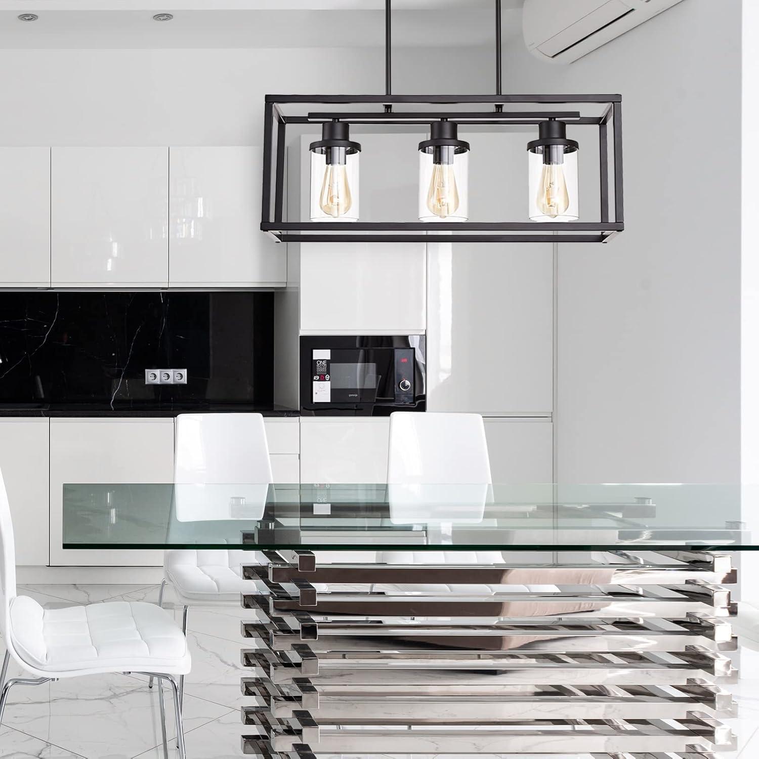 Black Metal and Glass 3-Light Kitchen Island Pendant