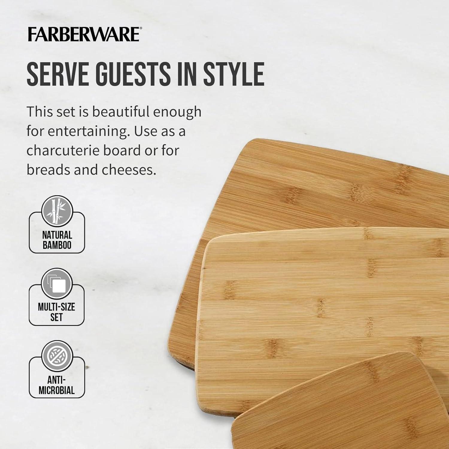 Farberware 3-Piece Kitchen Cutting Board Set, Reversible Chopping Boards for Meal Prep and Serving, Charcuterie Board Set, Wood Cutting Boards, Assorted Sizes, Bamboo