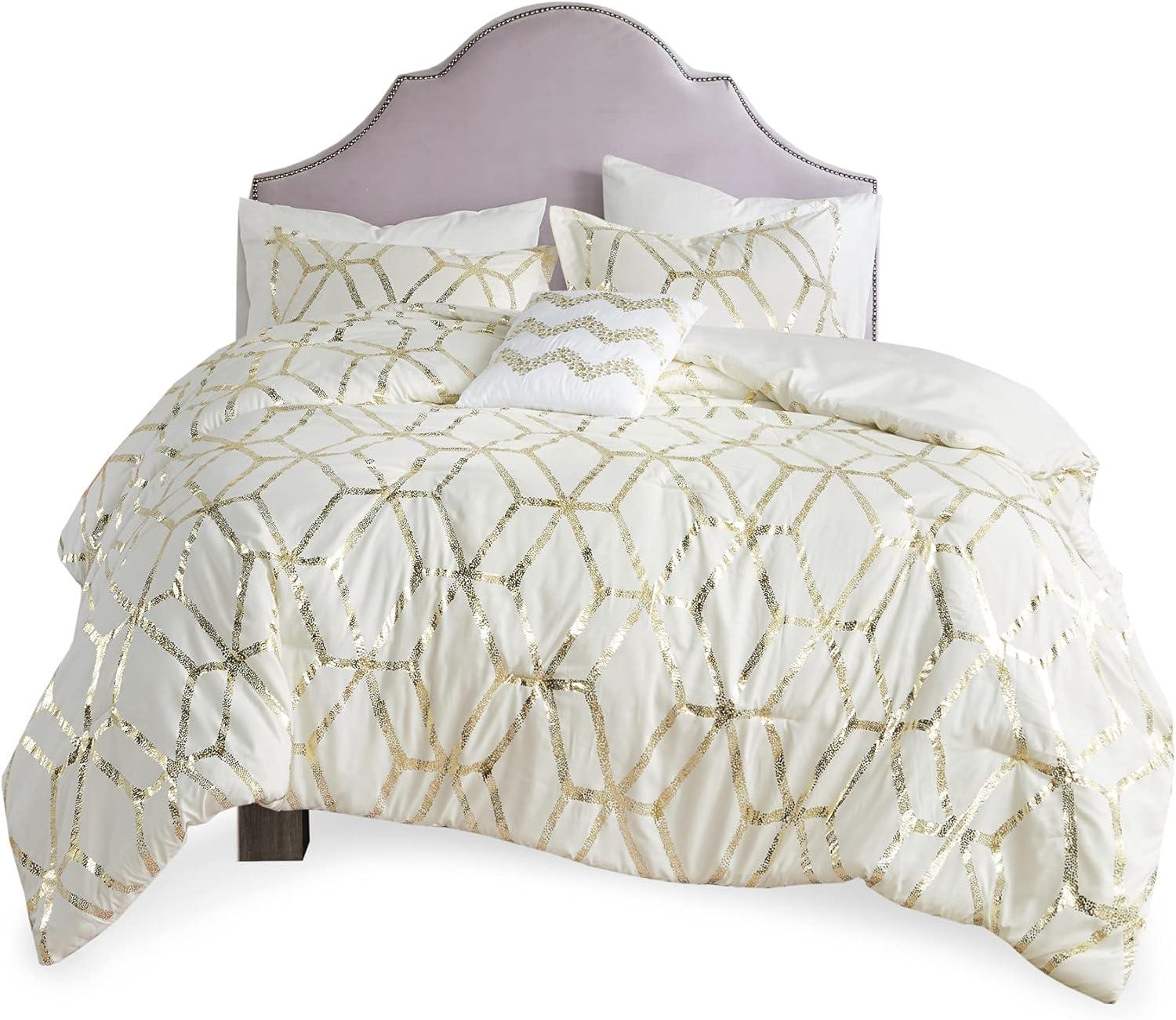 Comfort Spaces Full/Queen Size Comforter Sets, 4-Piece Bedding Set for All Season, Ivory and Gold Comforter Bed Set, Geometric Metallic