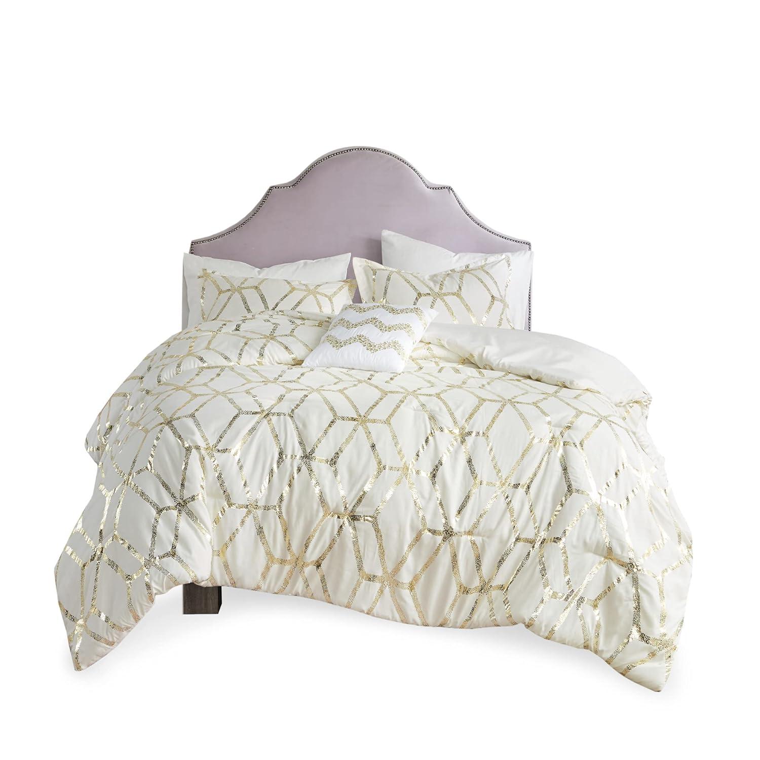 Comfort Spaces Full/Queen Size Comforter Sets, 4-Piece Bedding Set for All Season, Ivory and Gold Comforter Bed Set, Geometric Metallic