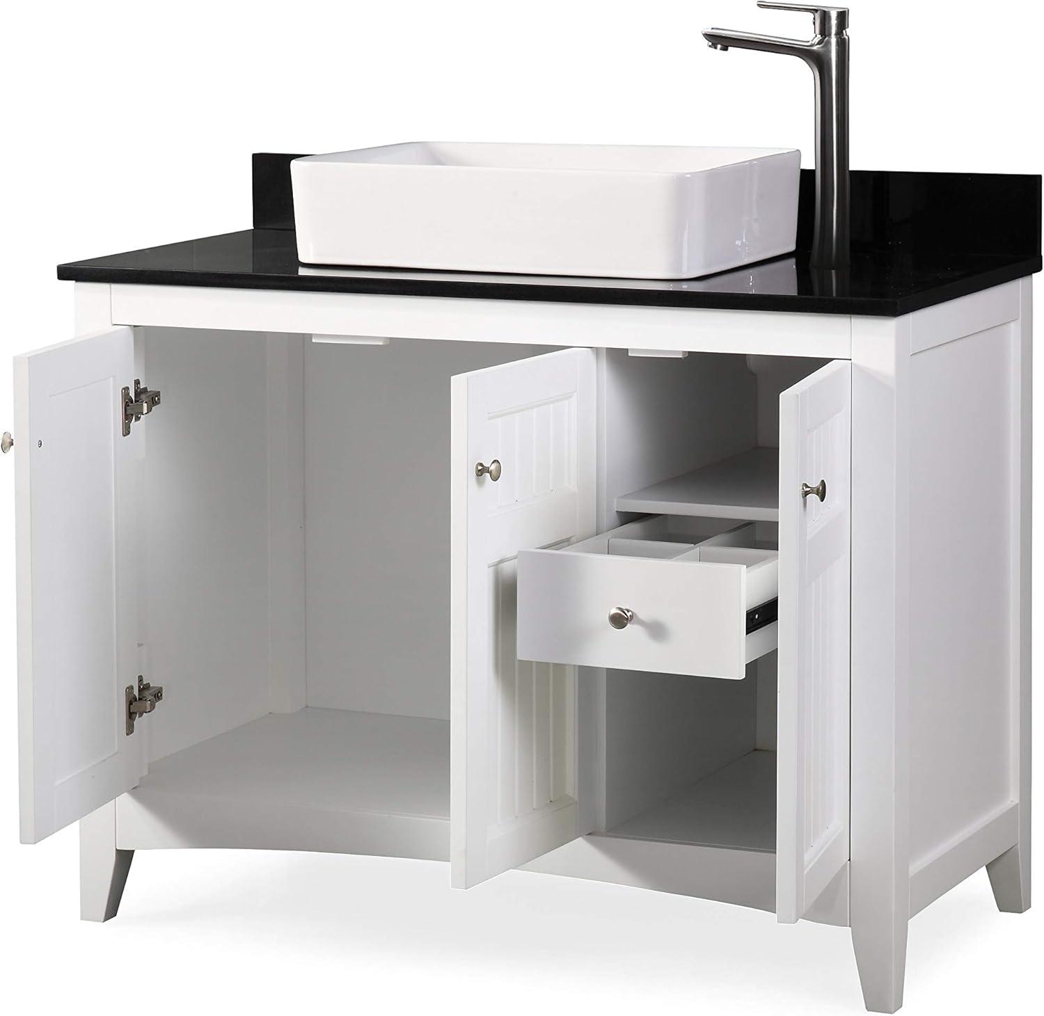 42" White Wood Freestanding Bathroom Vanity with Black Granite Top