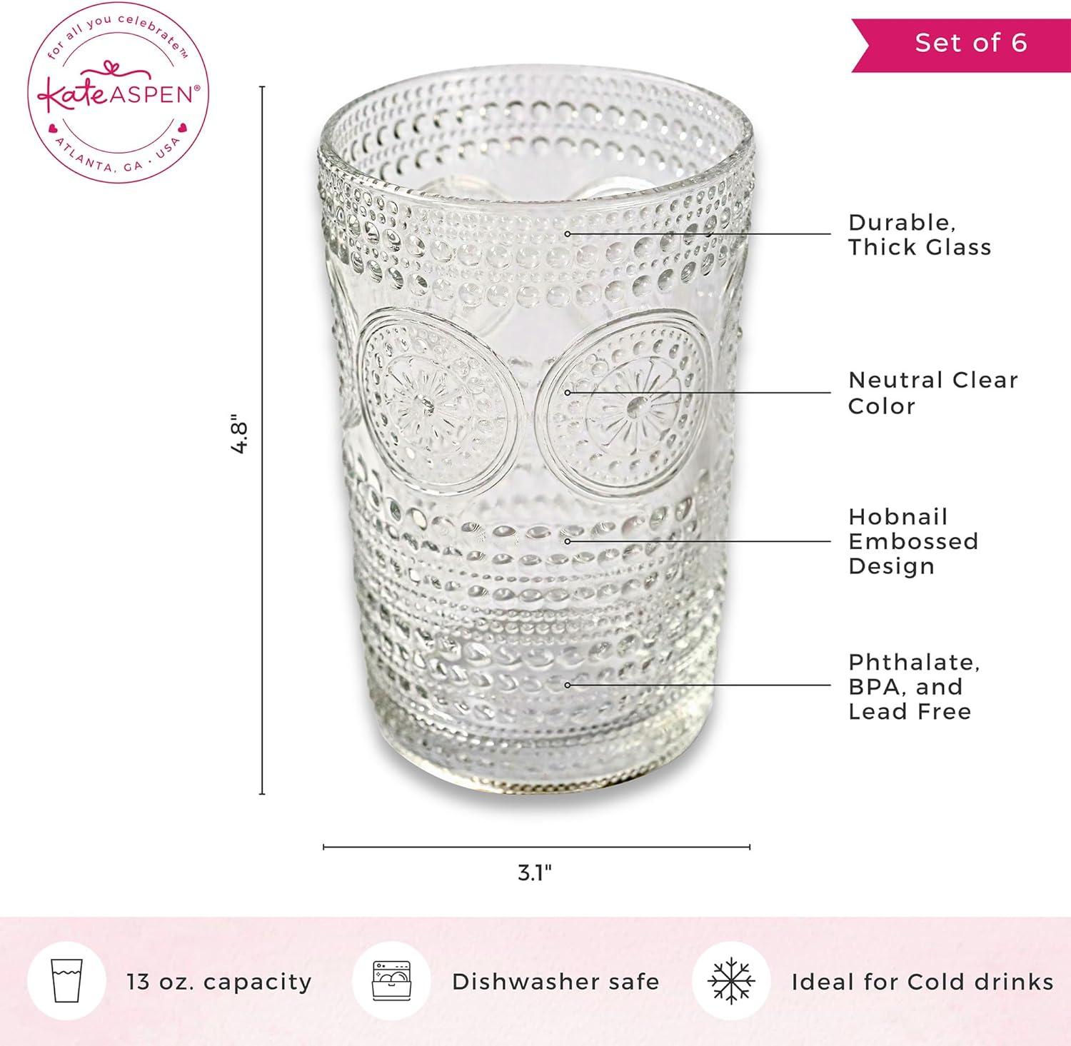 13 oz Clear Hobnail Beaded Floral Vintage Drinking Glasses Set