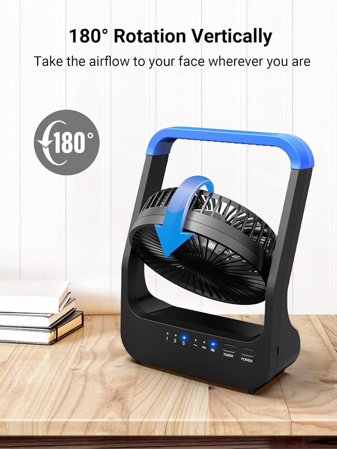 Gazeled Battery Operated Fan,Camping Fan, Super Long Lasting, Portable D-Cell Battery Powered Desk Fan with Timer,3 Speeds, Quiet, 180° Rotation,Cooling Fan for Bedroom,Home,Office,Outdoor, 5'',Blue
