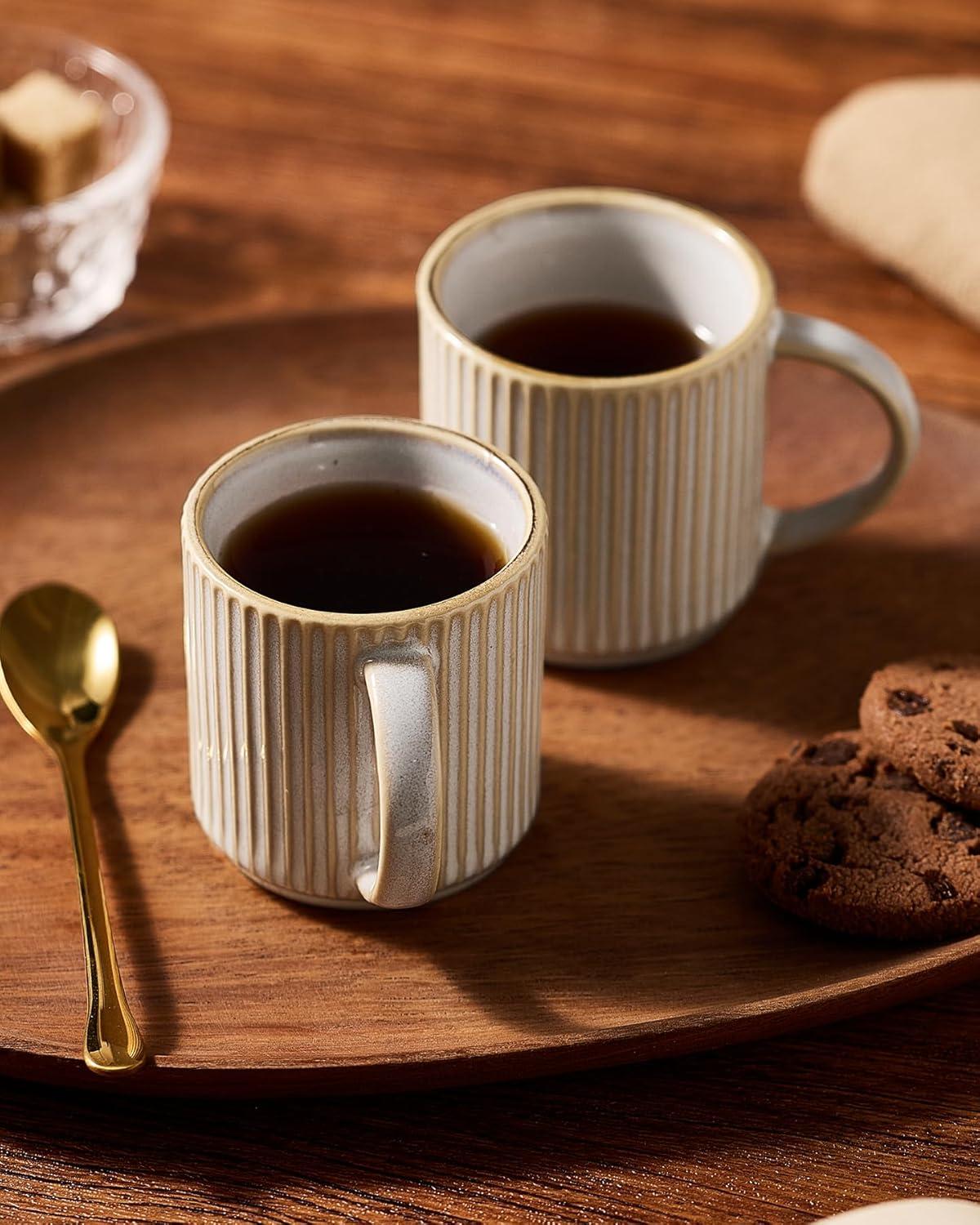 shuoli Star Espresso Cups And Saucers Set Of 4, [ Mini ] 3 Oz Ceramic Small Coffee Mug With Handle, Ribbed Stoneware Demitasse Cup For Tea, Latte - Microwave & Dishwasher Safe - Cappuccino White