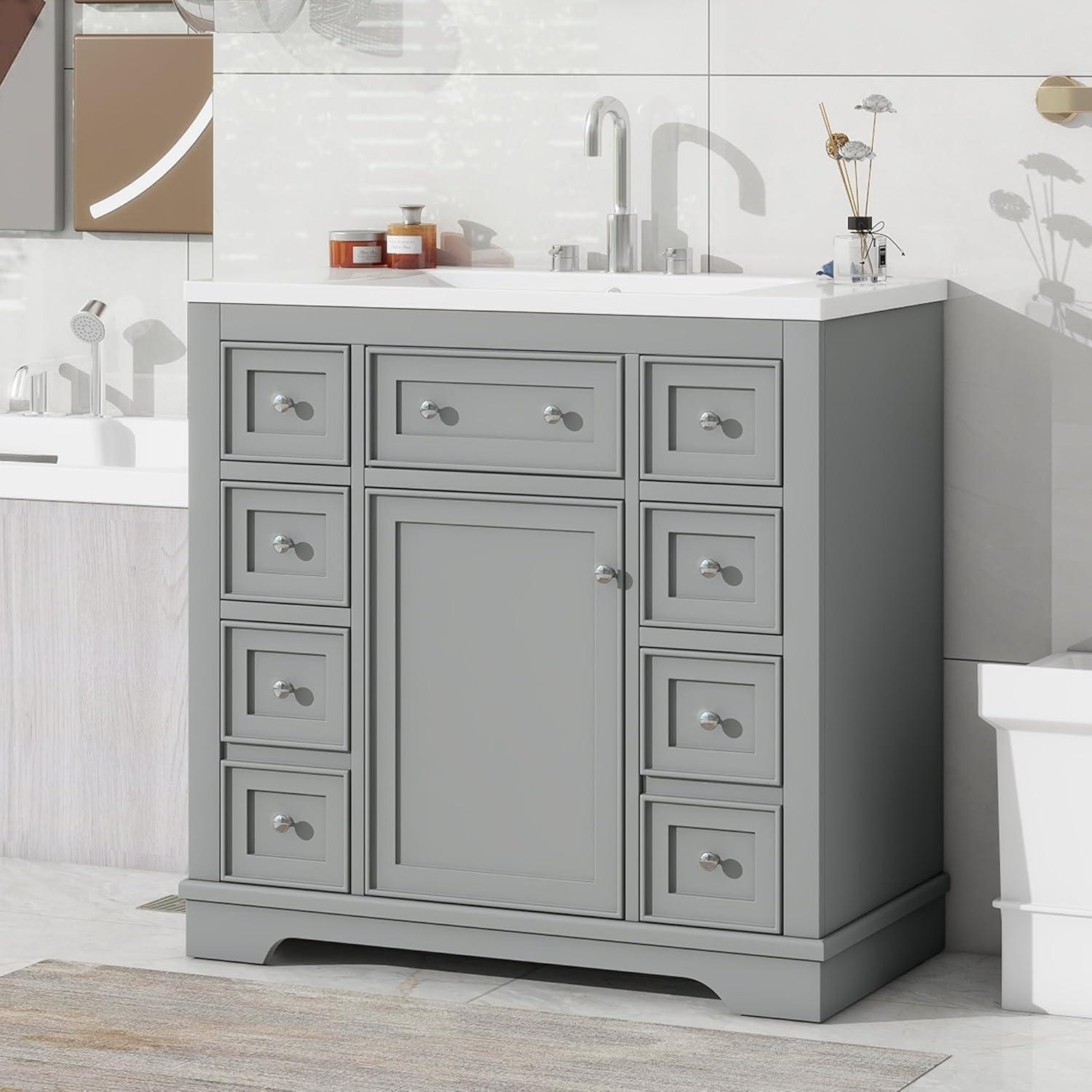 Gray Freestanding 36" Bathroom Vanity with Ceramic Sink and Storage