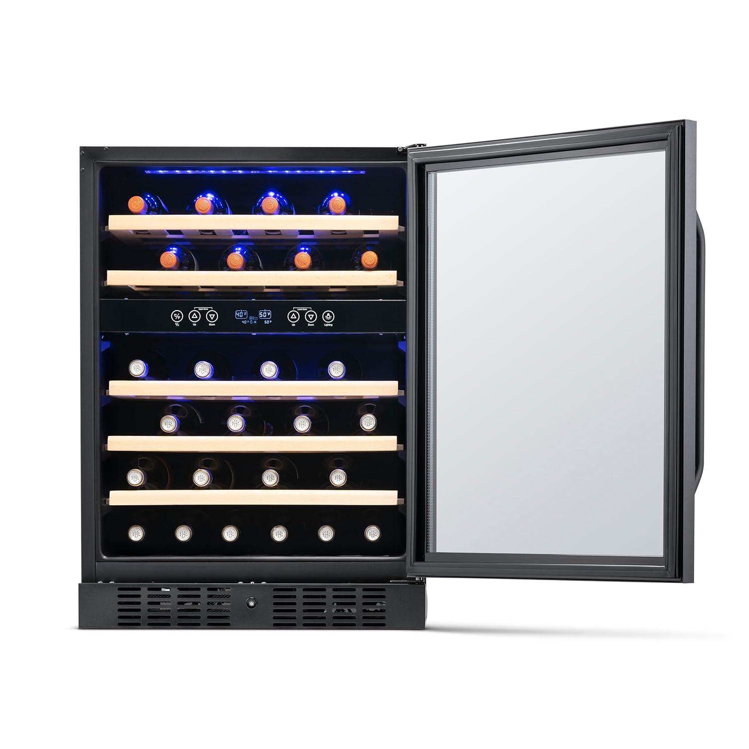 Newair 24” Built-in 46 Bottle Dual Zone Wine Cooler with Removable Beechwood Shelves in Black Stainless Steel