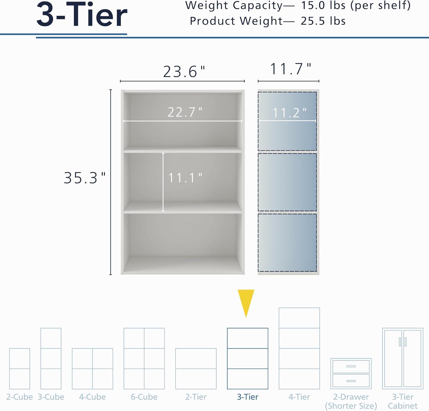 24/7 Shop At Home 35" Silkpath Modern 3 Tier Stackable and Modular Open Bookcase White: MDF Construction, 11" Cube Compatible