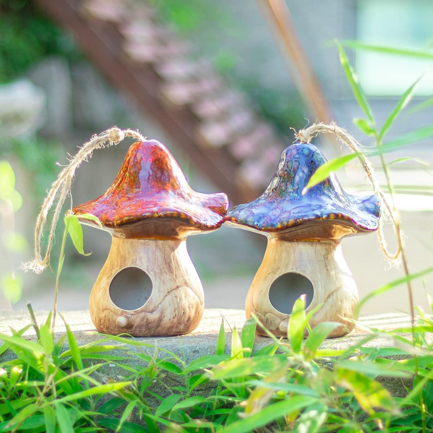 Set of 2 Red and Blue Ceramic Mushroom Birdhouses