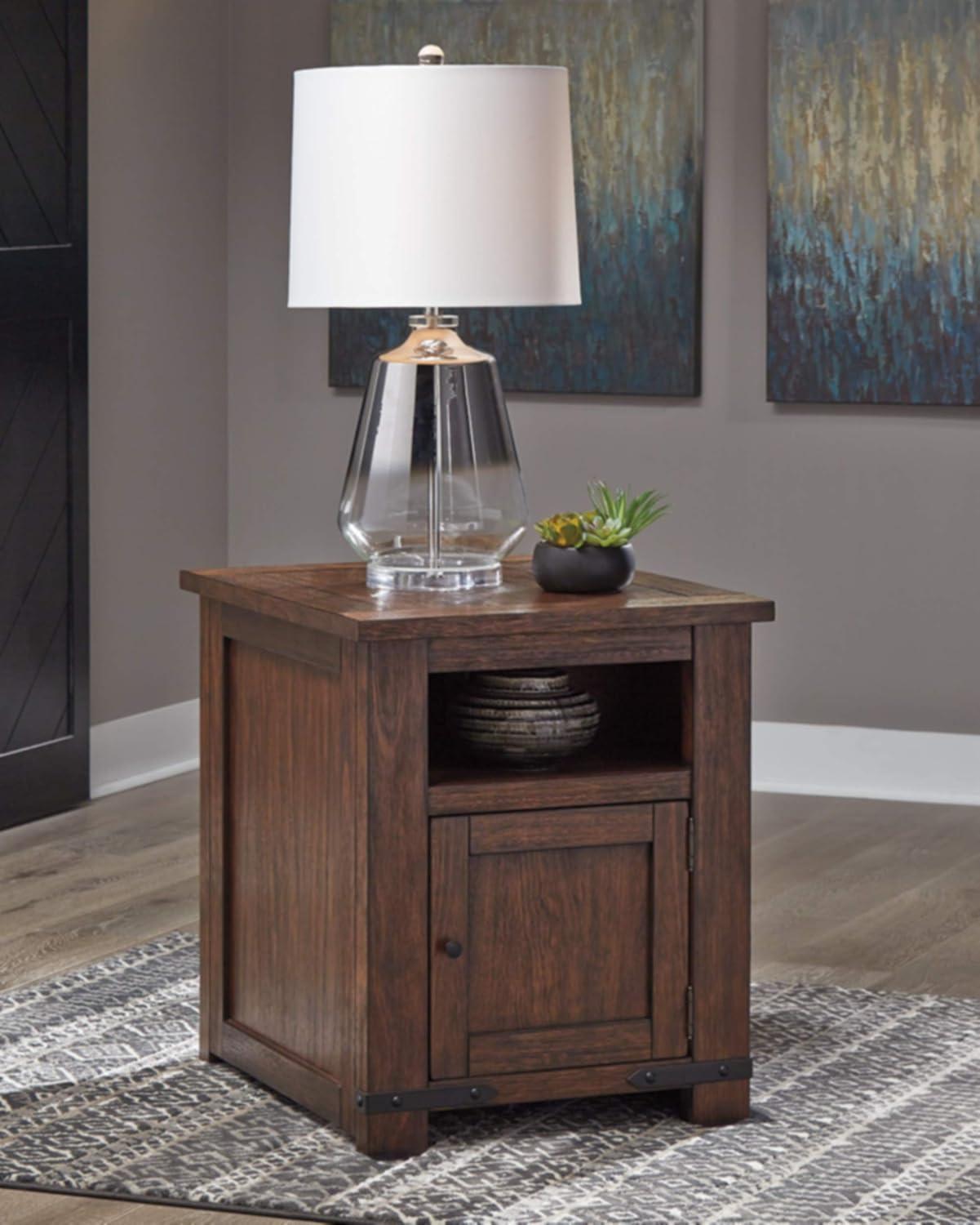Budmore Rustic Brown Rectangular End Table with USB Ports