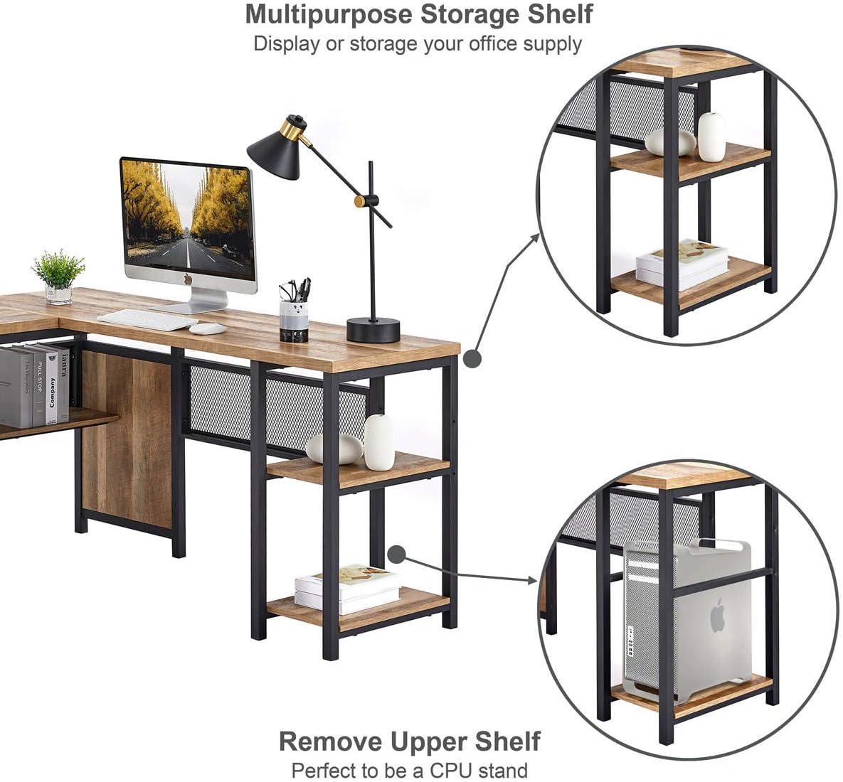 Rustic Oak and Black L-Shaped Corner Computer Desk with Shelves