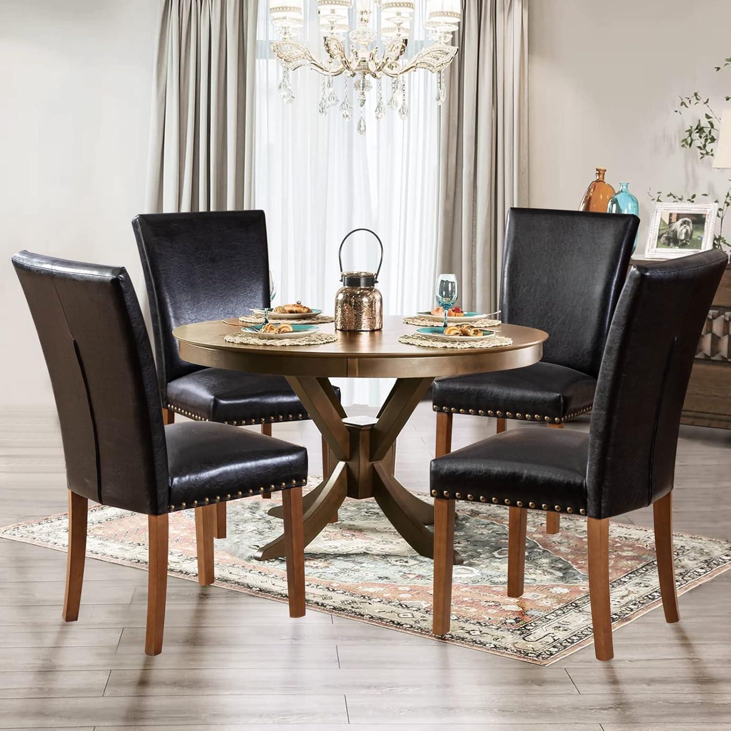 Colamy Black Upholstered Wood Legs Parsons Leather Dining Chairs with Nail head Trim Set of 2 for Dining Room