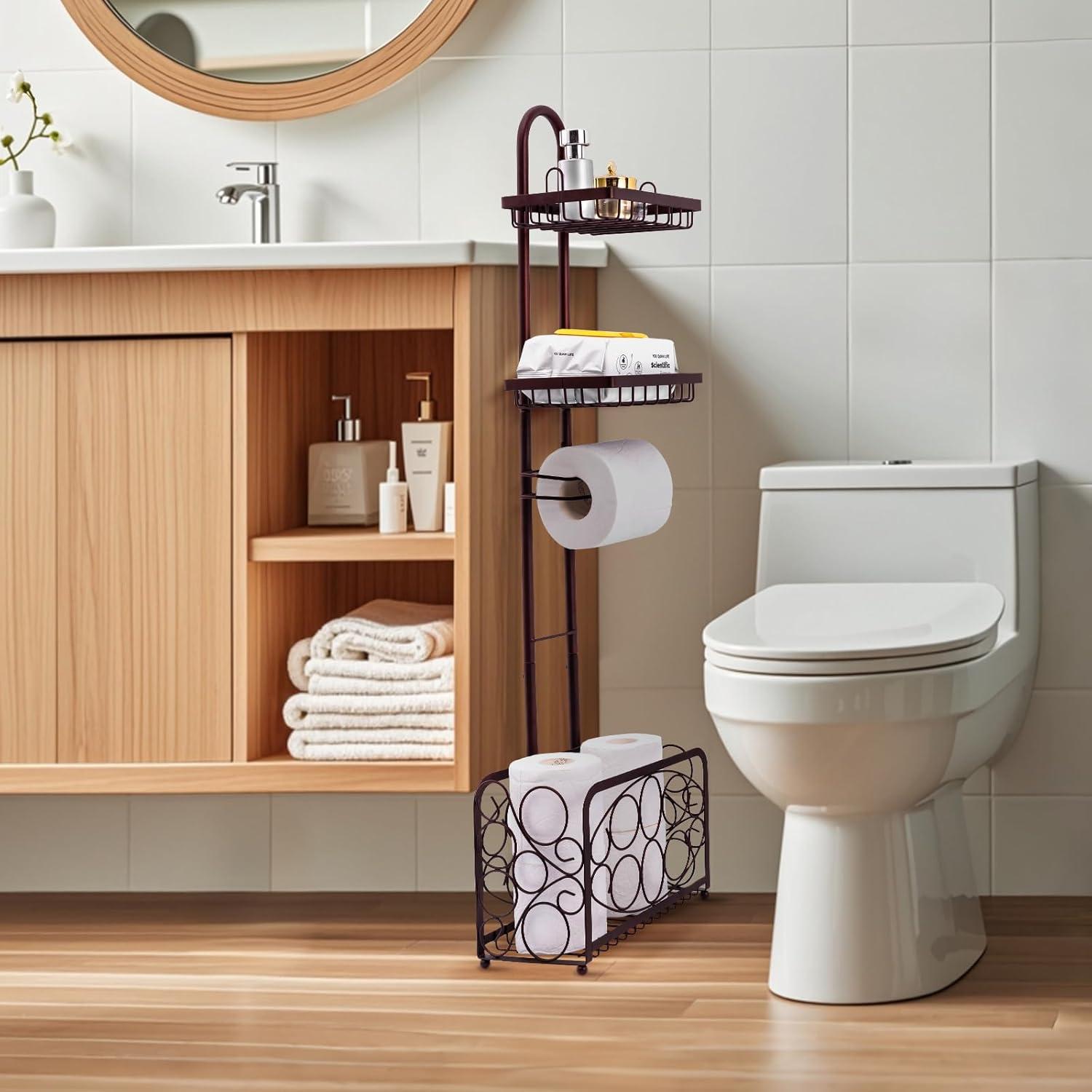 Toilet Paper Holder Tissue Rack Stand With Magazine Toilet Roll Storage Basket- Freestanding, Bronze Metal