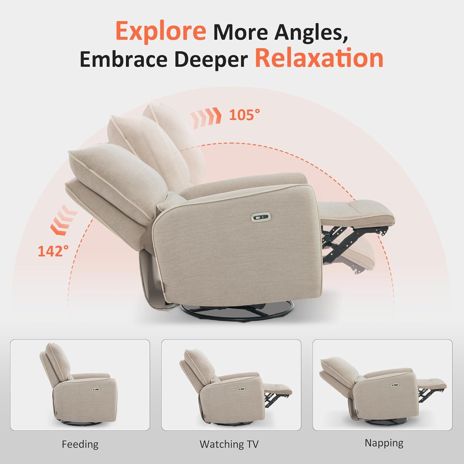 Power Swivel Glider Power Recliner Chair, Electric Rocker Recliner Chairs with USB Ports For Nursery, Fabric