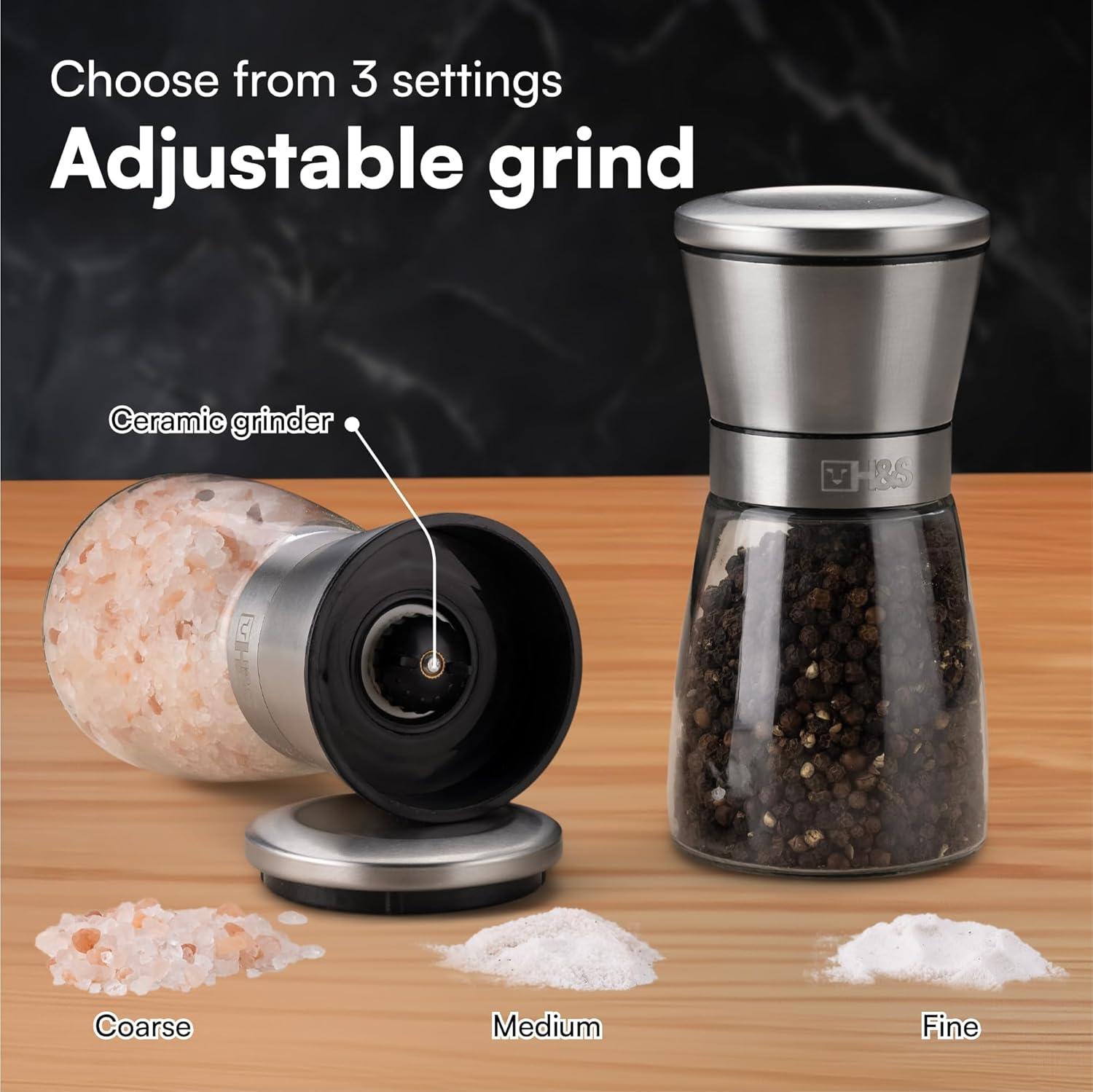 H&S Salt And Pepper Grinder Set - Manual Mill Grinders For Kitchen - Glass And Stainless Steel Spice Mills With Adjustable Coarseness - Easy To Use And Fill - Large Capacity - Kitchen Gadgets