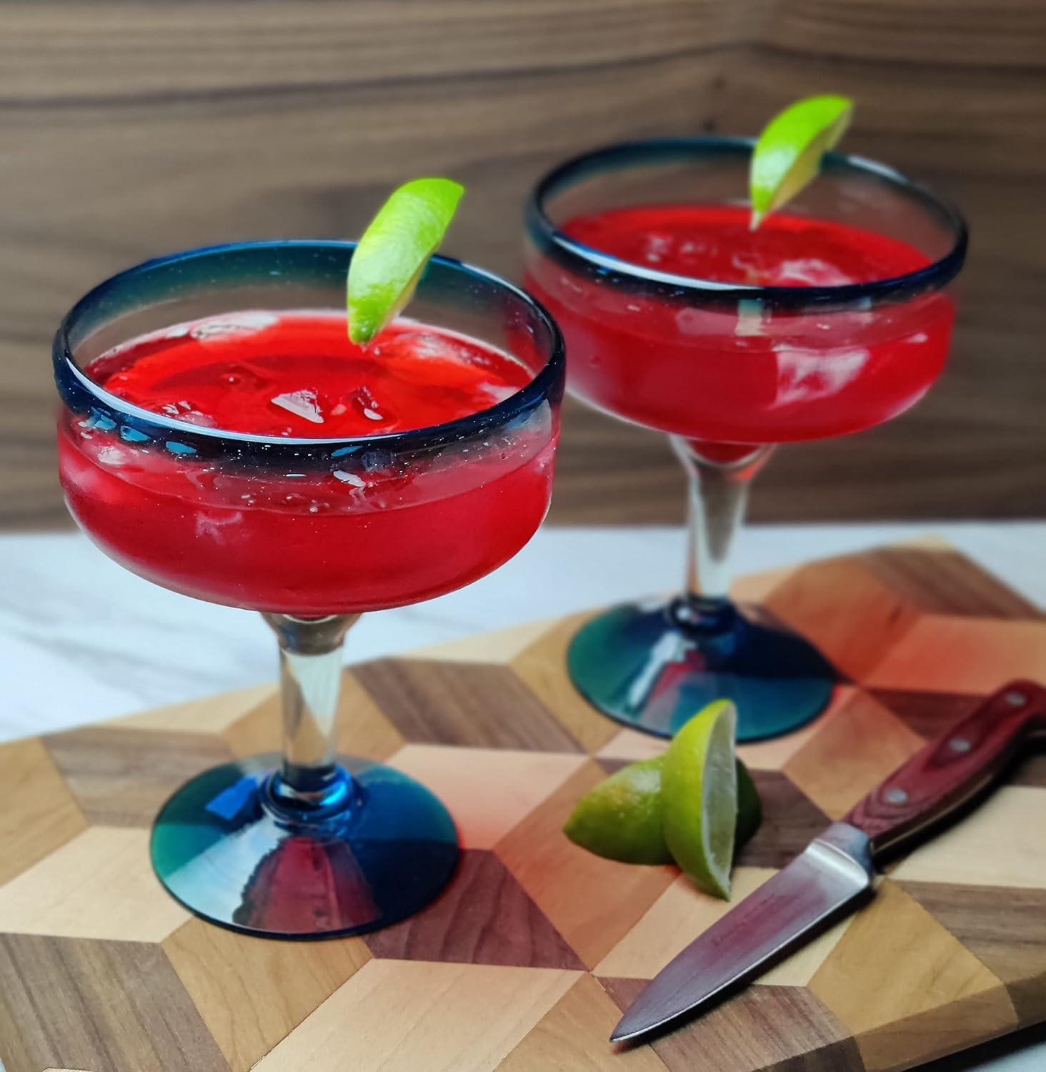 Numan Mexican Hand Blown 16 oz. Aqua Rim Margarita Glasses