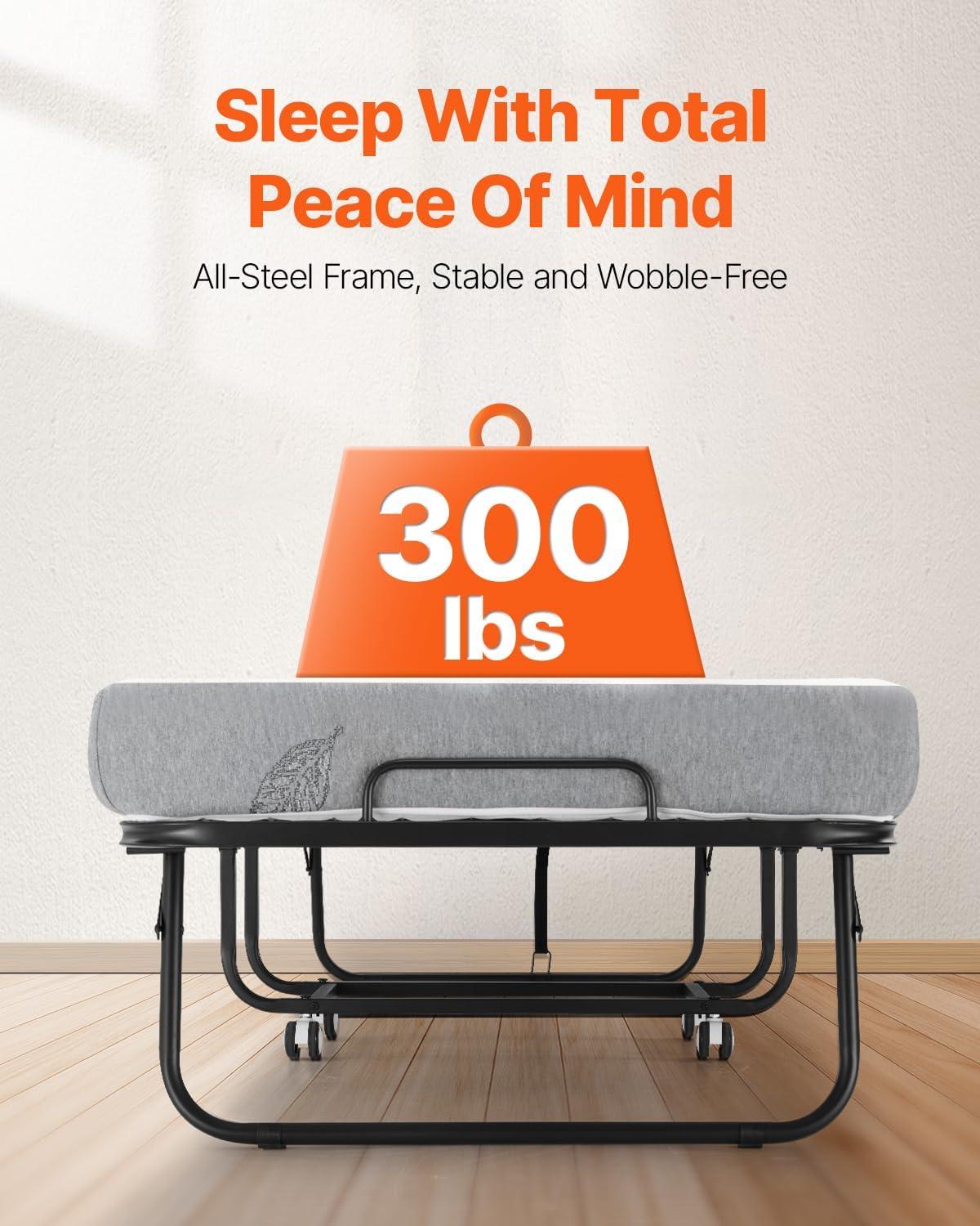 VEVOR Rollaway Bed, 31 in x 75 in Folding Bed with 5 in Mattress, Twin Size Foldable Bed with Sturdy Metal Frame & Memory Foam Mattress, Portable Twin Roll Away Bed with Mattress, for Adults, Guest