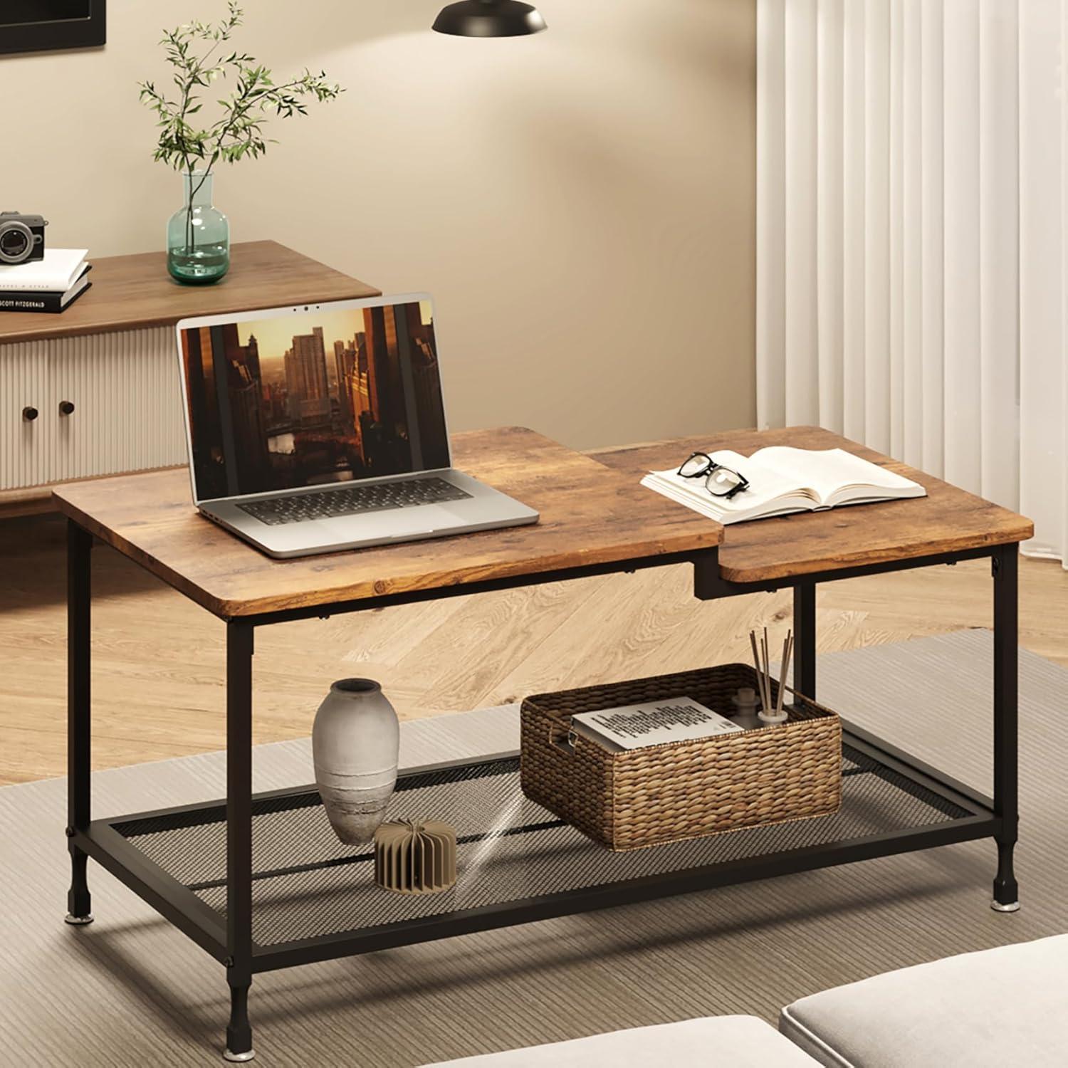 Rustic Brown Rectangular Wood Coffee Table with Metal Frame and Storage