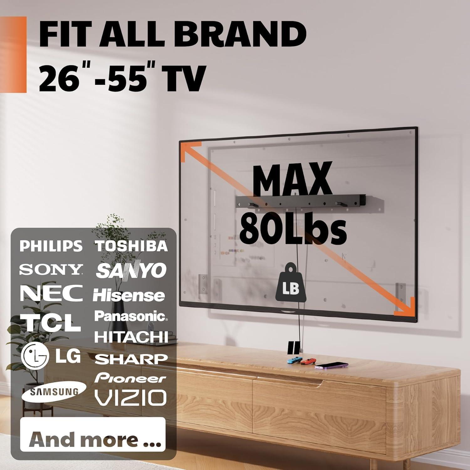 AENTGIU Studless TV Wall Mount, Heavy Duty Drywall TV Bracket Hanger for 26-55 inch Flat Screen TVs, No Stud, NO Drill, No Anchors, Easy Install with All Hardware Included
