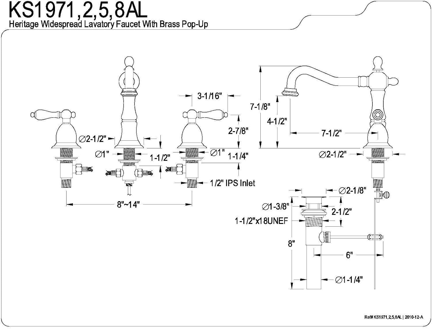 Kingston Brass KS1978AL Kingston Brass Heritage Two-Handle 3-Hole Deck Mount Widespread Bathroom Faucet with Brass Pop-Up Drain