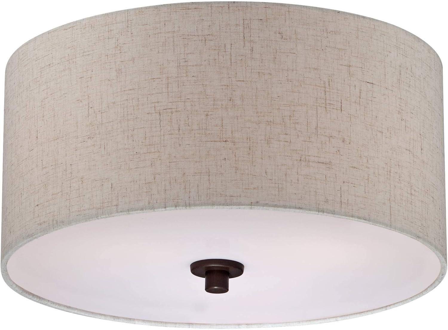 Regency Hill Sylvan Modern Ceiling Light Semi Flush Mount Fixture 14" Wide Bronze 3-Light Oatmeal Fabric Drum Shade for Bedroom Kitchen Living Room
