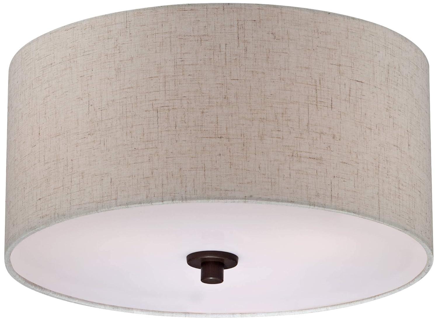 Regency Hill Sylvan Modern Ceiling Light Semi Flush Mount Fixture 14" Wide Bronze 3-Light Oatmeal Fabric Drum Shade for Bedroom Kitchen Living Room