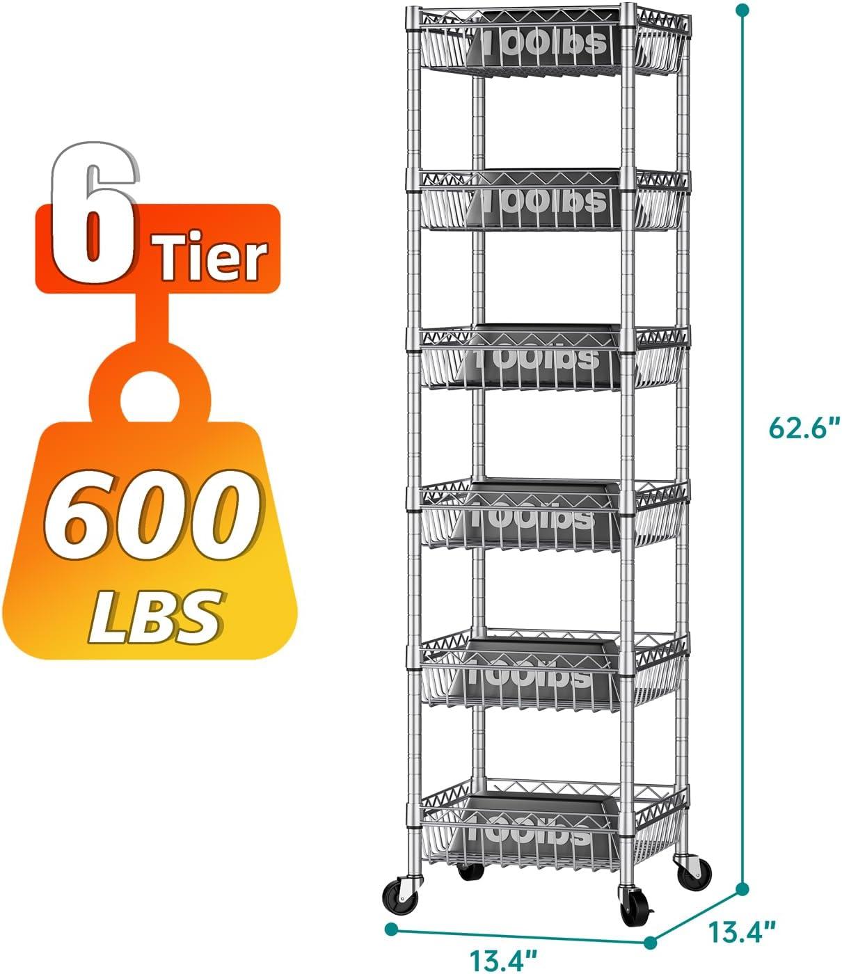 SINGAYE 6 Tier Shelf Adjustable Storage Shelves Rack Standing Units with Wheels Closet Wire Shelving Organizers Metal Pantry Kitchen Laundry Room 13.5" D x 13.5" W x 63" H Silver