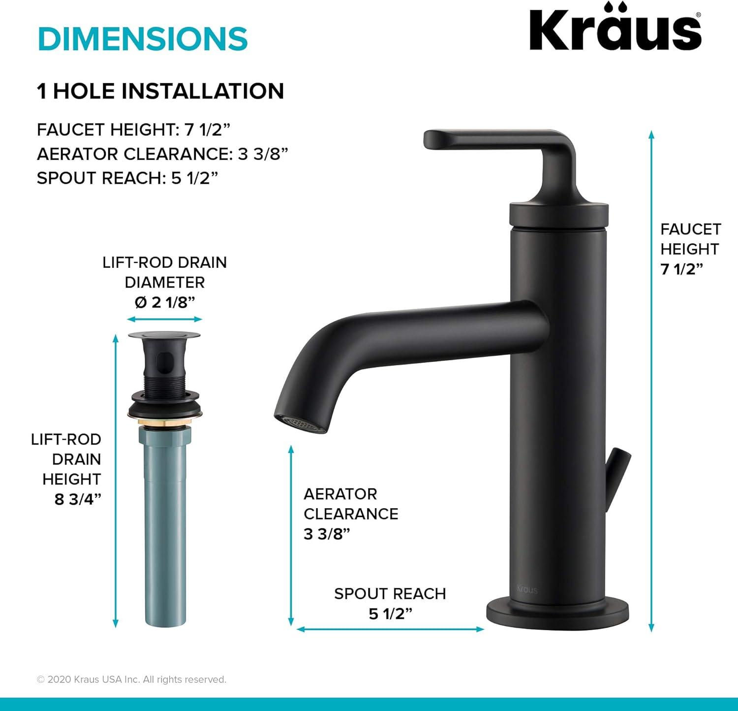 KRAUS Ramus Single Handle Bathroom Sink Faucet with Lift Rod Drain