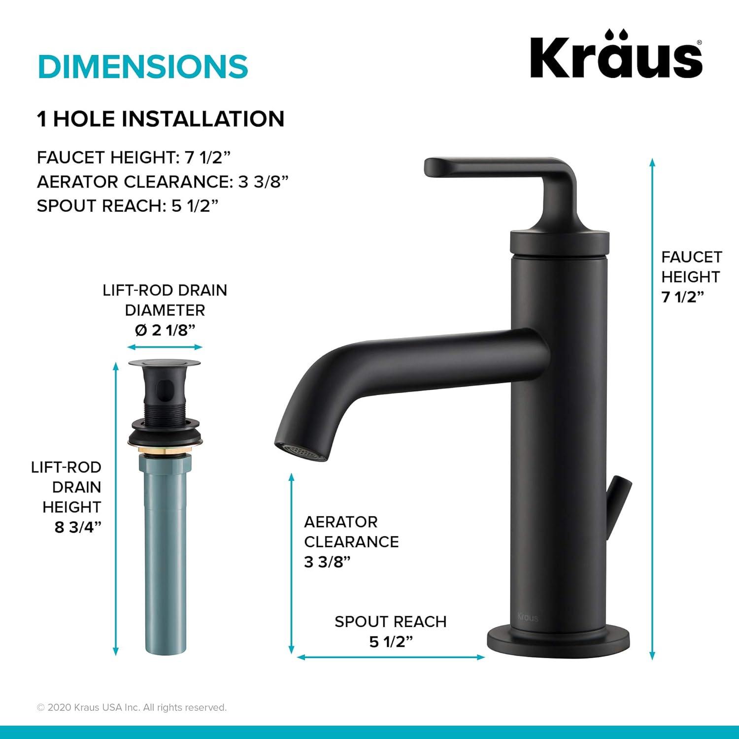 KRAUS Ramus Single Handle Bathroom Sink Faucet with Lift Rod Drain