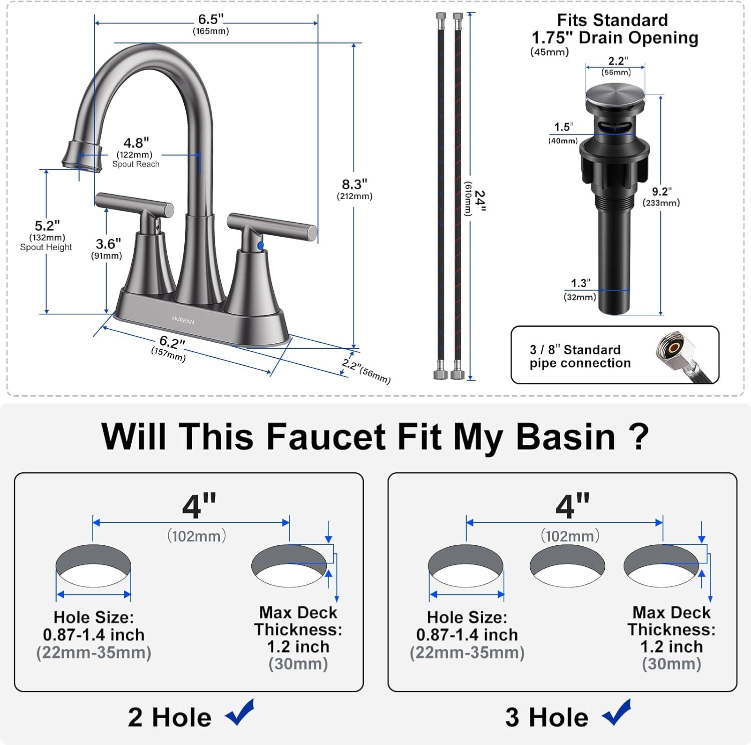4 Inch Bathroom Faucets for Sink 3 Hole, Faucet for Bathroom Sink with Pop-up Drain & Supply Hoses, 2-Handle 360 Swivel Spout Stainless Steel Lead-Free, Centerset Faucet for Vanity Lavatory