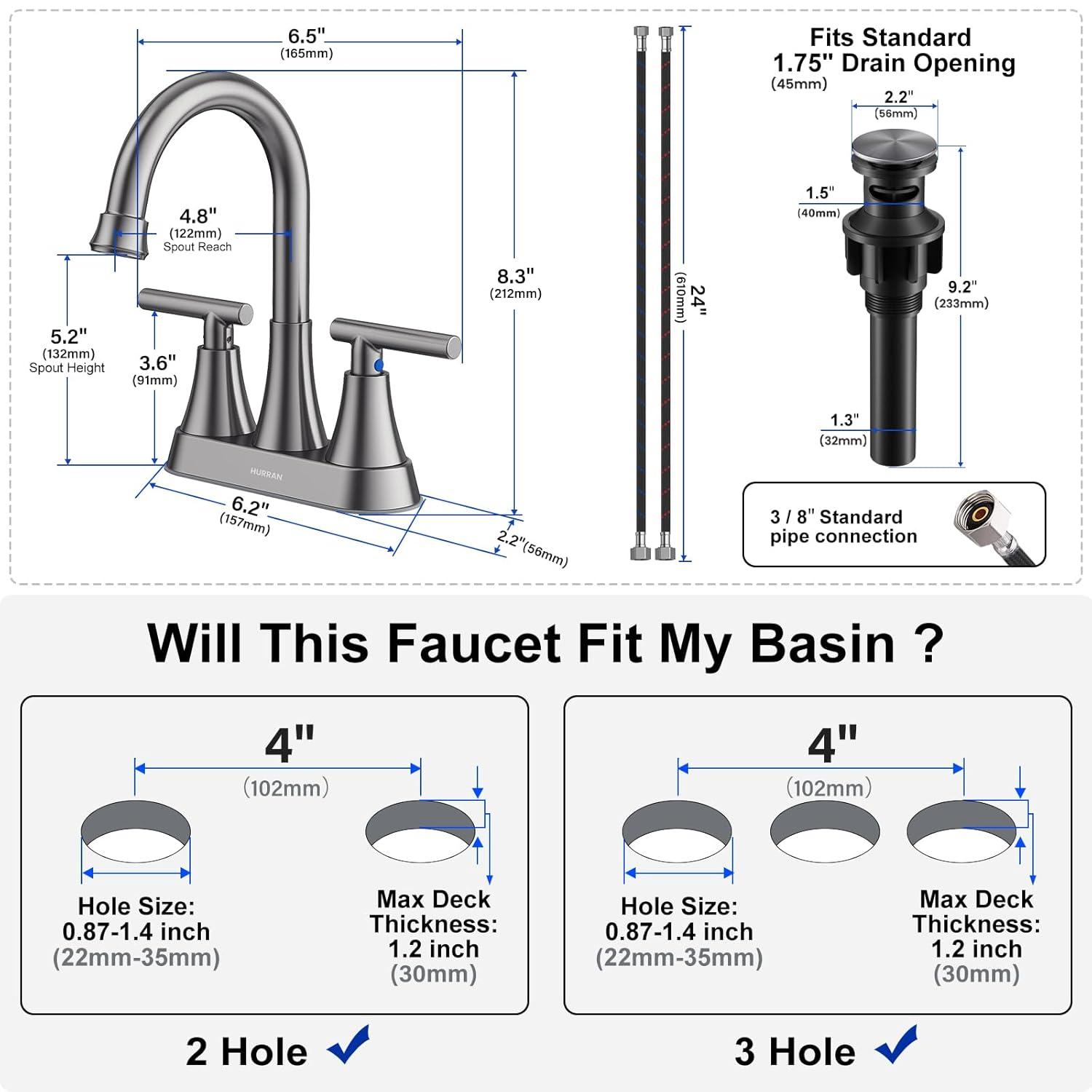 4 Inch Bathroom Faucets for Sink 3 Hole, Faucet for Bathroom Sink with Pop-up Drain & Supply Hoses, 2-Handle 360 Swivel Spout Stainless Steel Lead-Free, Centerset Faucet for Vanity Lavatory