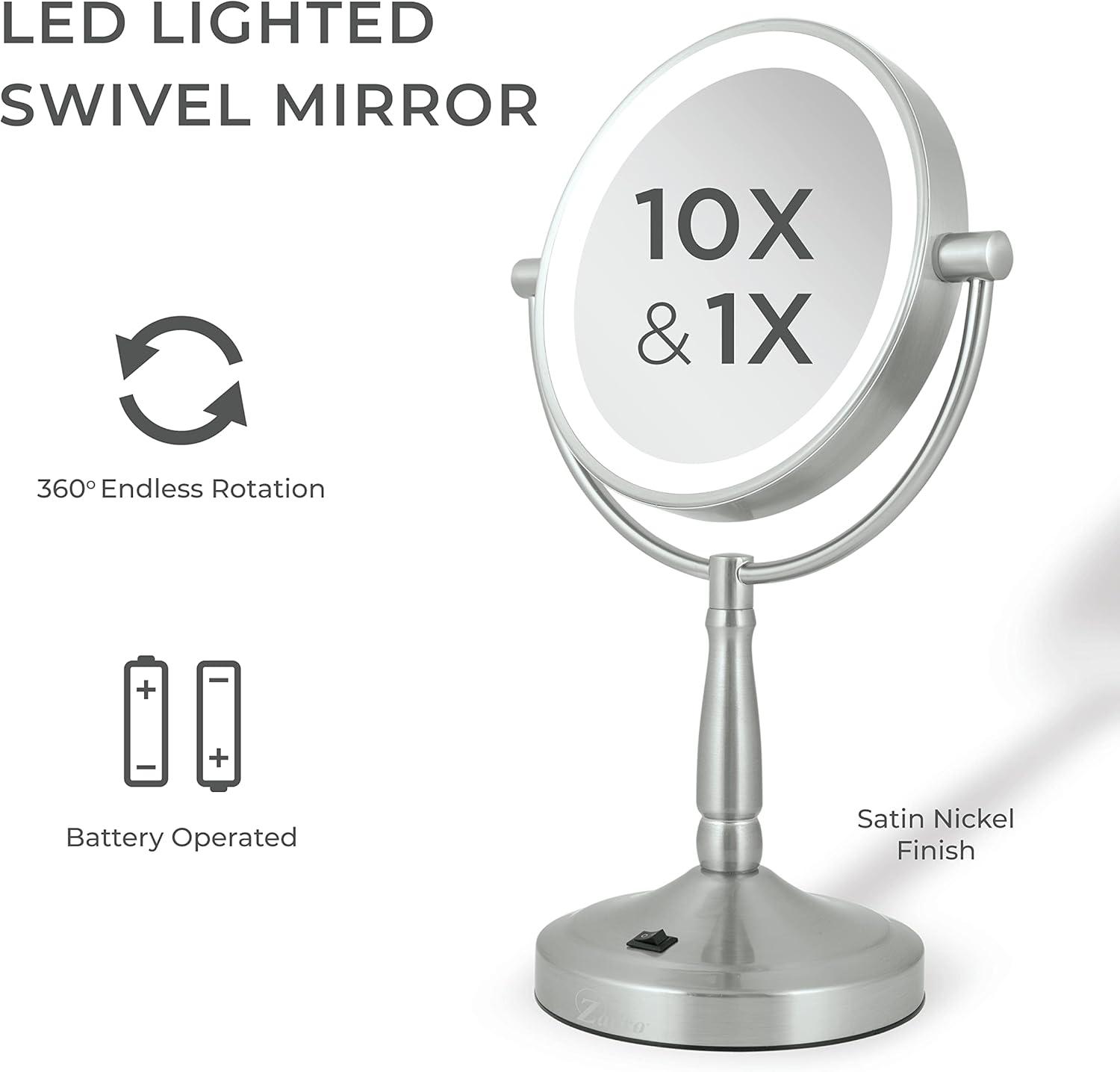 Satin Nickel Dual-Sided LED Lighted Magnifying Vanity Mirror