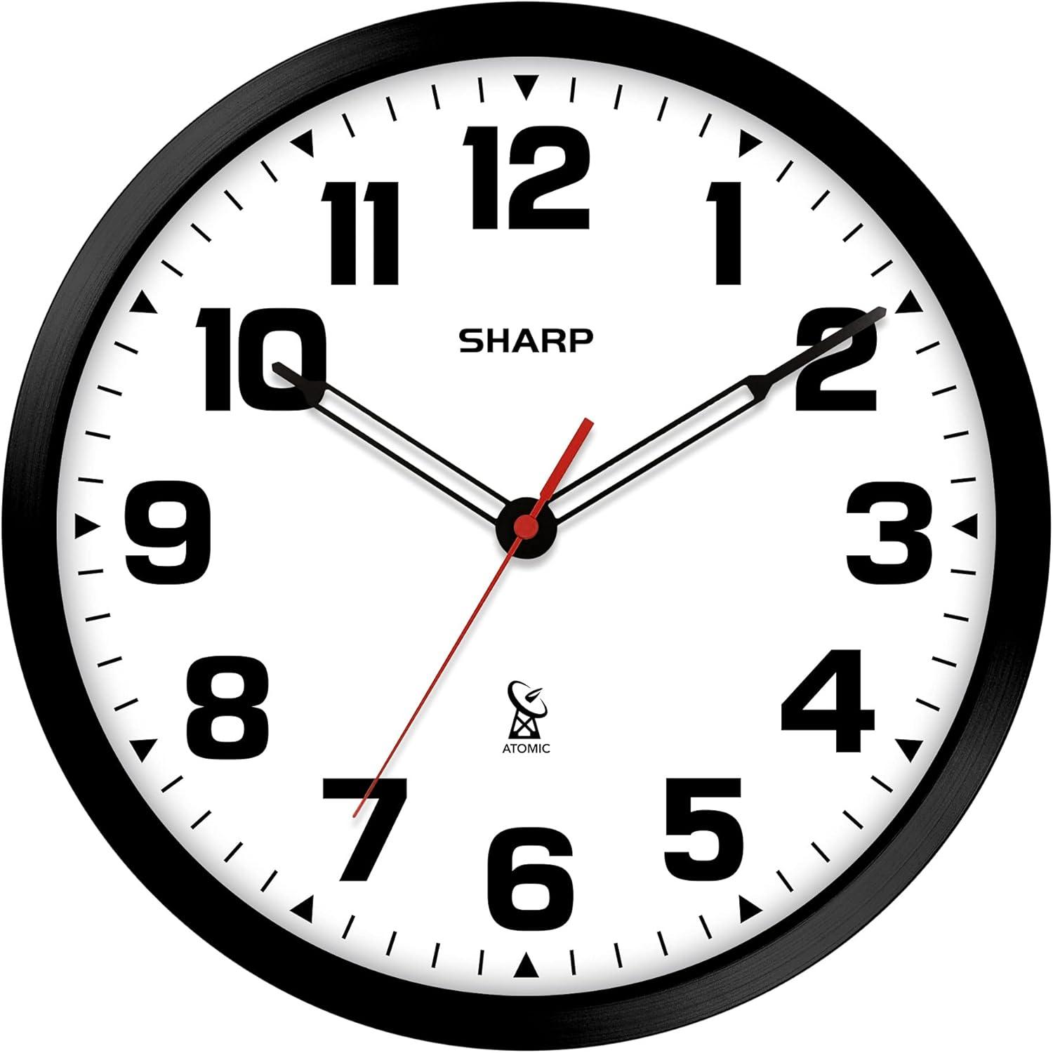 Sharp Atomic Wall Clock 12" Matte Black Automatically Sets Battery Operated Modern Design AQ Analog