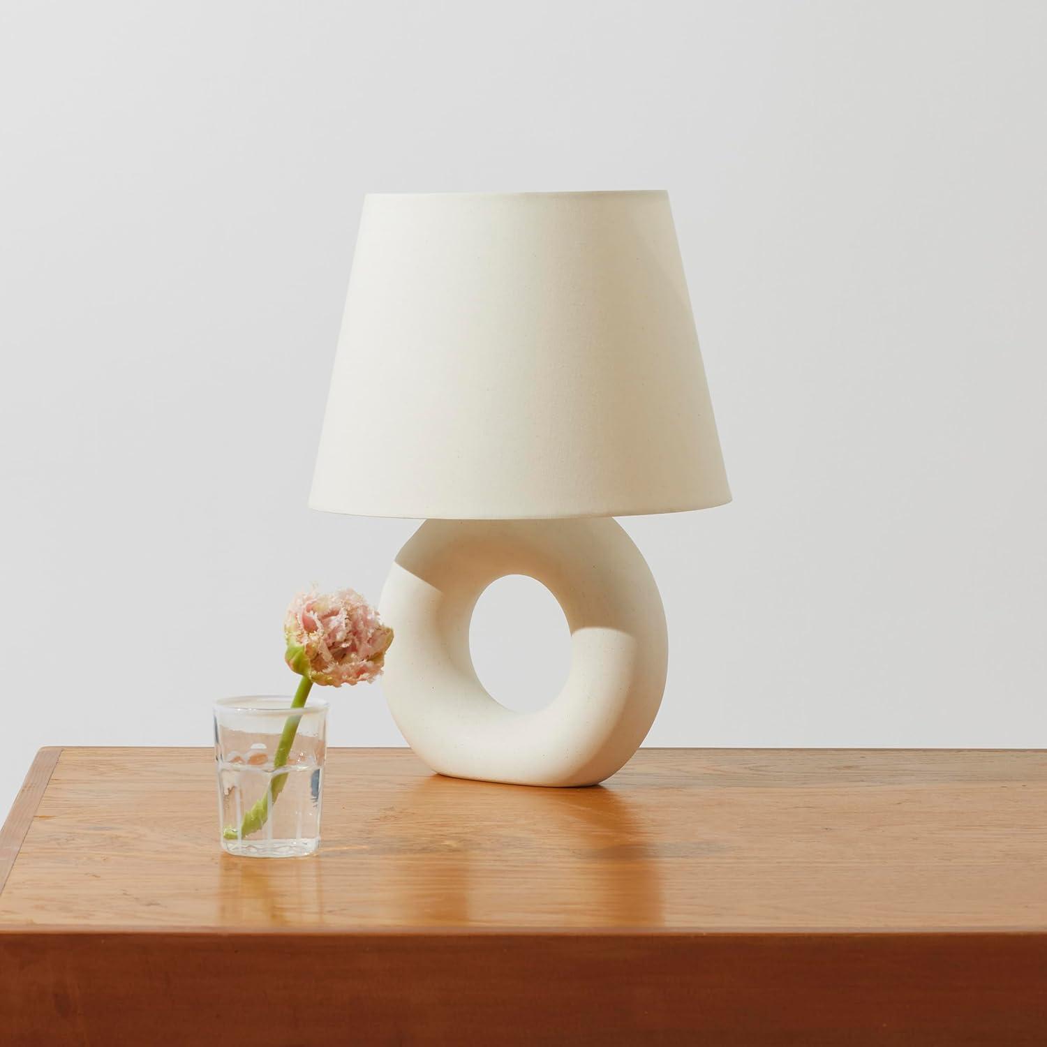 Brightech Chloe 15.5" Modern LED Table Lamp with Circular Ceramic Base and Natural Cotton Shade