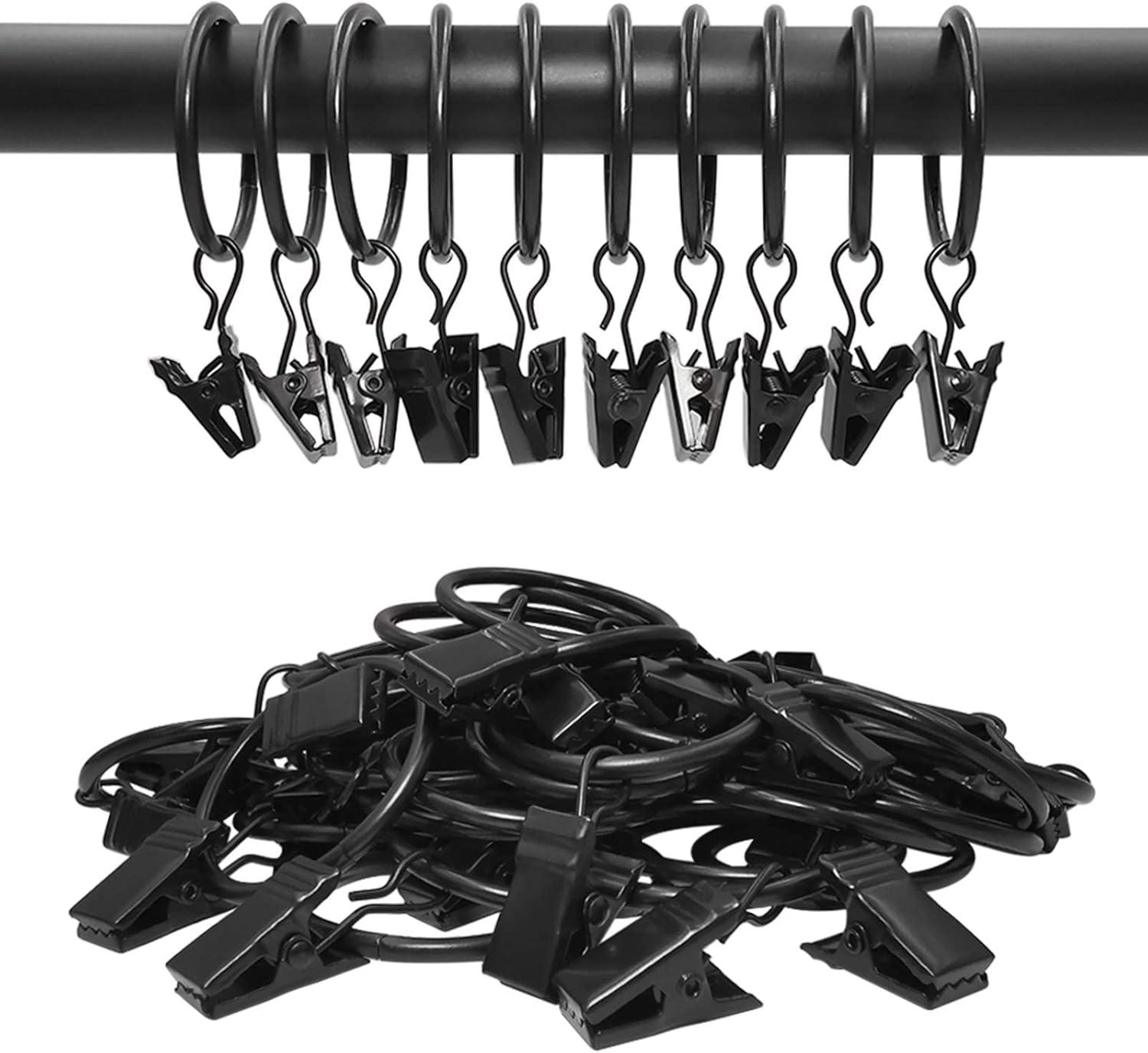 40 Pack Curtain Rings with Clips, Drapery Clips with Rings, Hangers Drapes Rings 1.26 Inch Interior Diameter, Fits up to 1 Inch Curtain Rod, Vintage Black Black 1.26" I D 40 Pack